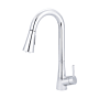 Chrome single hole kitchen faucet with curved spout and pull-down spray head.