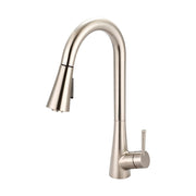 Brushed nickel gooseneck kitchen faucet with single handle and pull-down spray head.