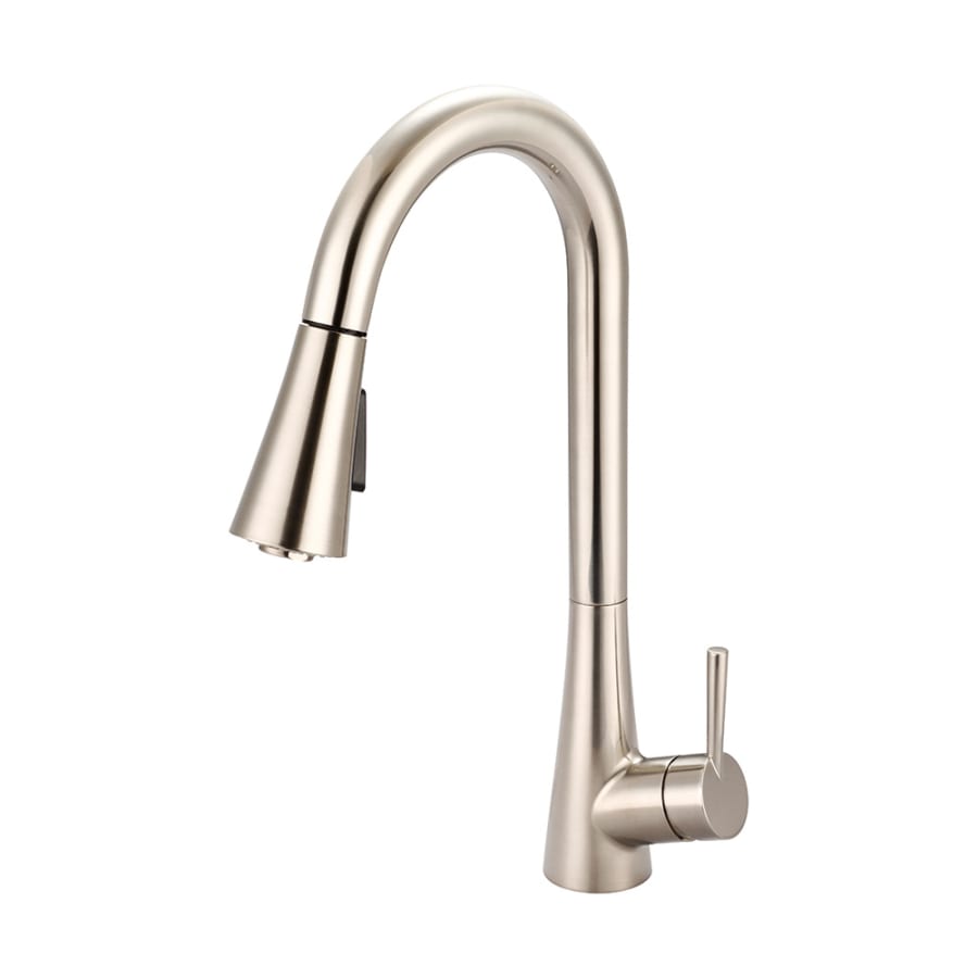Brushed nickel gooseneck kitchen faucet with single handle and pull-down spray head.