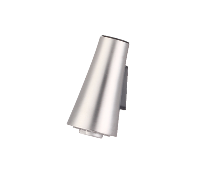 Brushed nickel kitchen spray head with tapered cylindrical body and single handle pull-down mechanism.