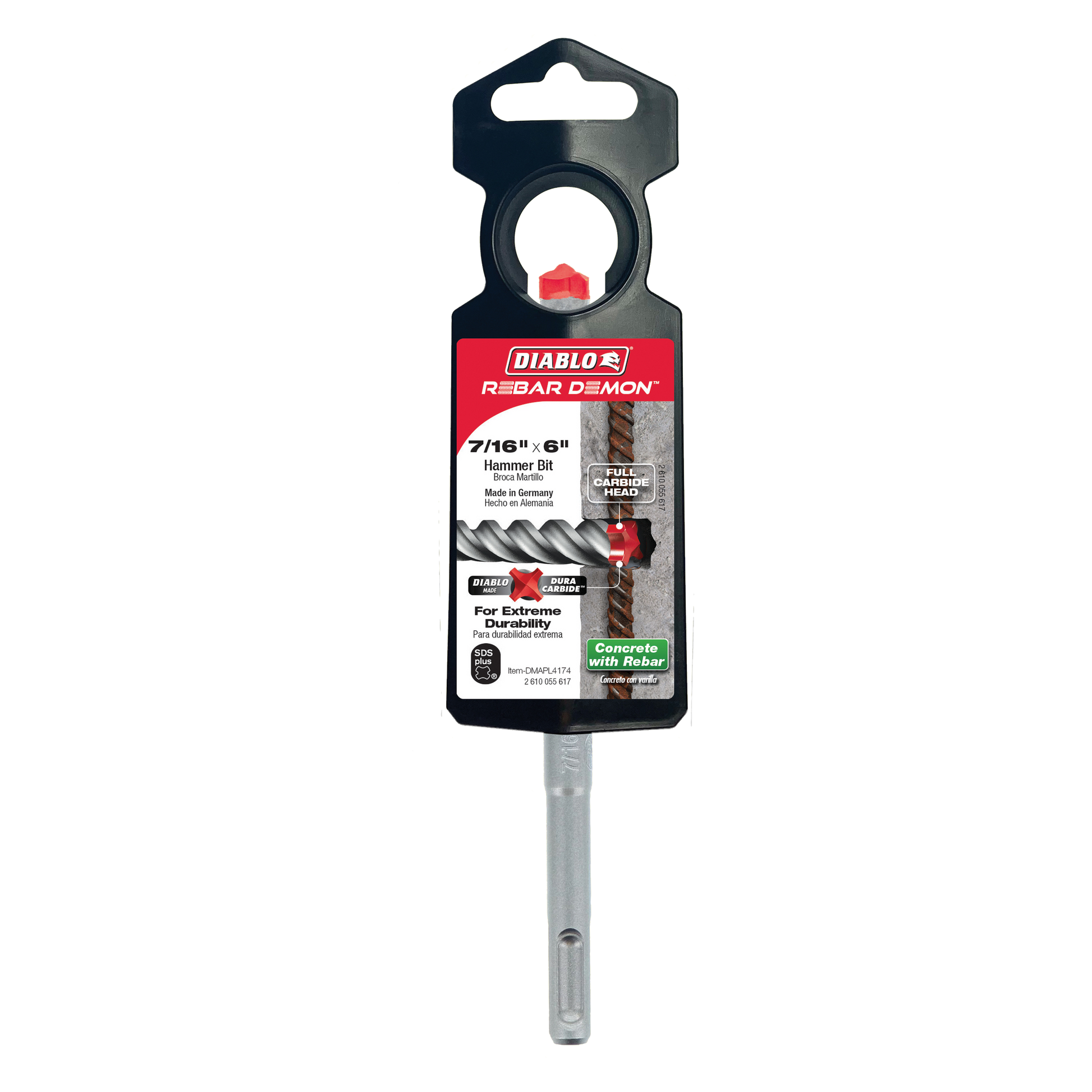 Diablo Rebar Demon SDS-Plus hammer drill bit with black plastic packaging and gray metal shaft with four-cutter carbide head.