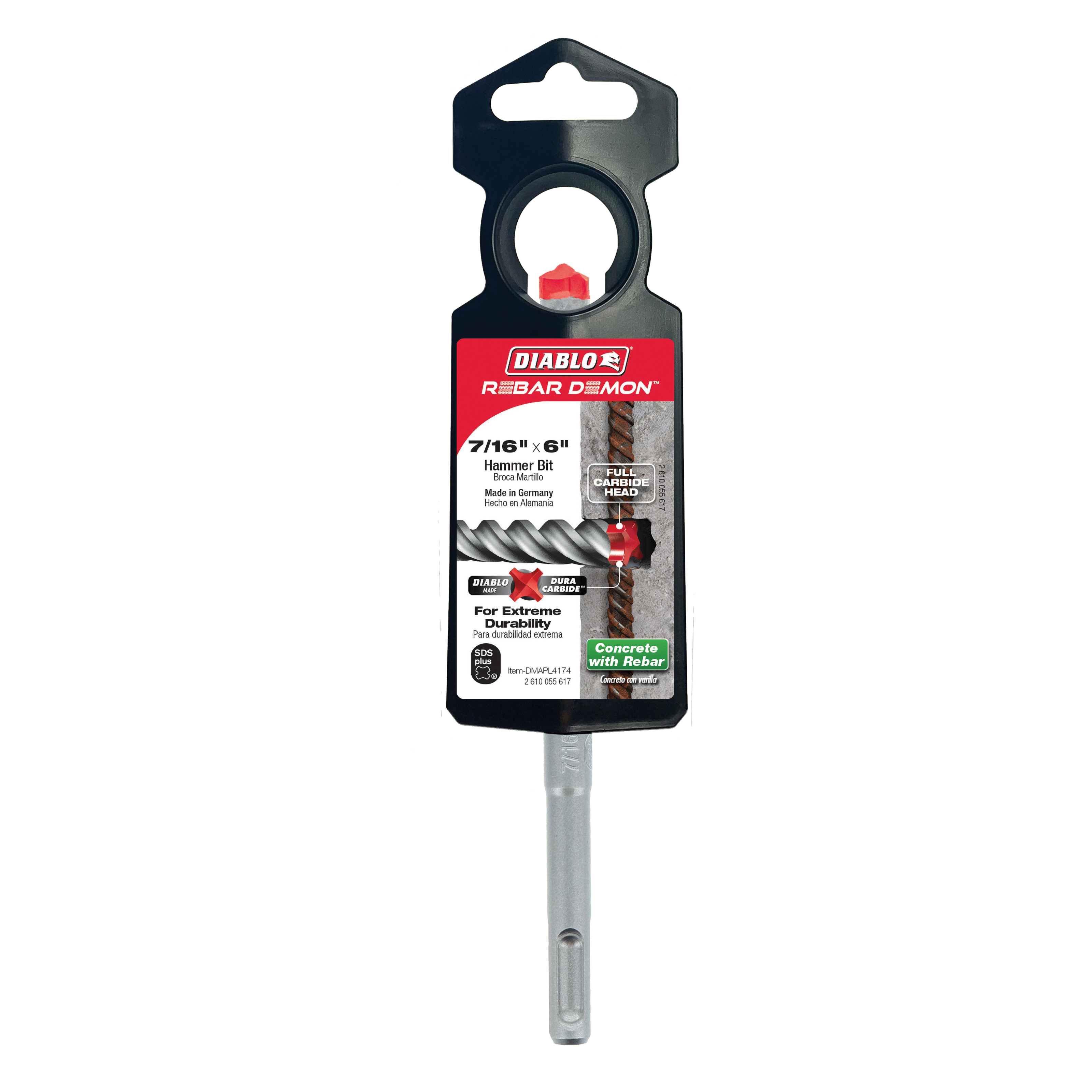 Diablo Rebar Demon SDS-Plus hammer drill bit with black plastic packaging and gray metal shaft with four-cutter carbide head.