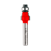 Router bit with red cutting head, silver shank, and metal bearing collar for laminate trimming.