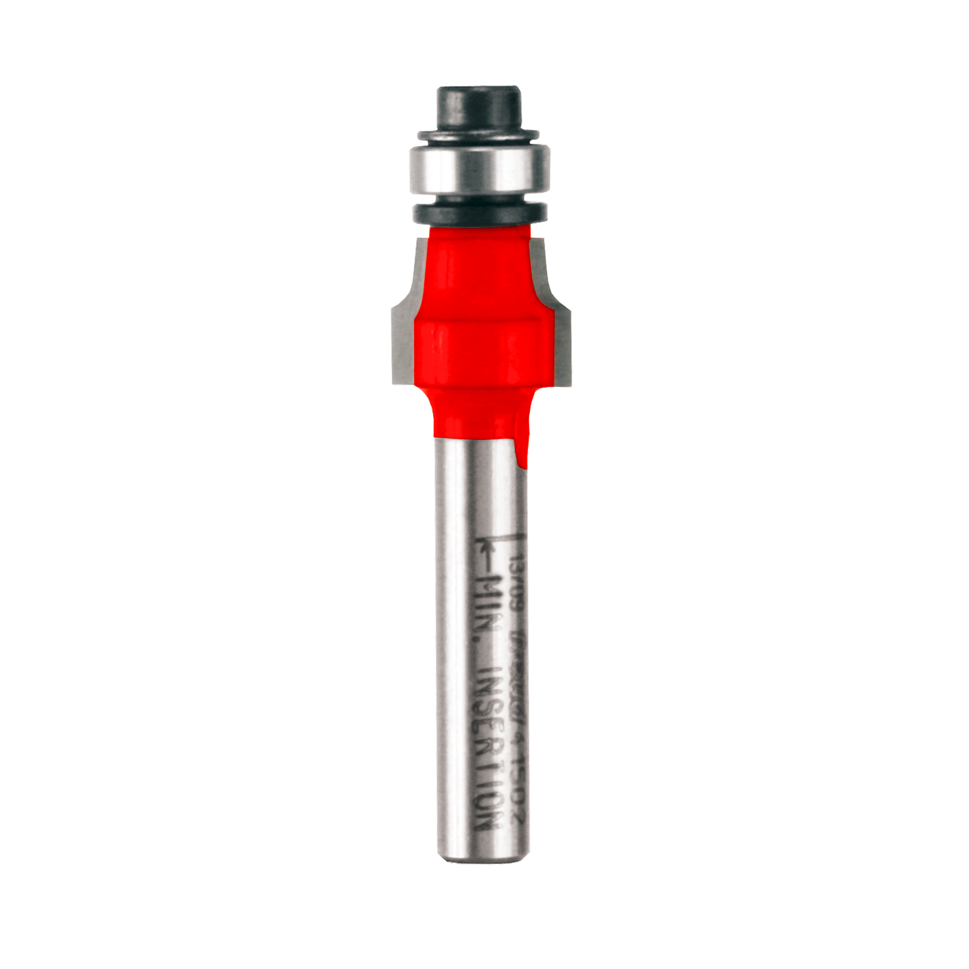Router bit with red cutting head, silver shank, and metal bearing collar for laminate trimming.