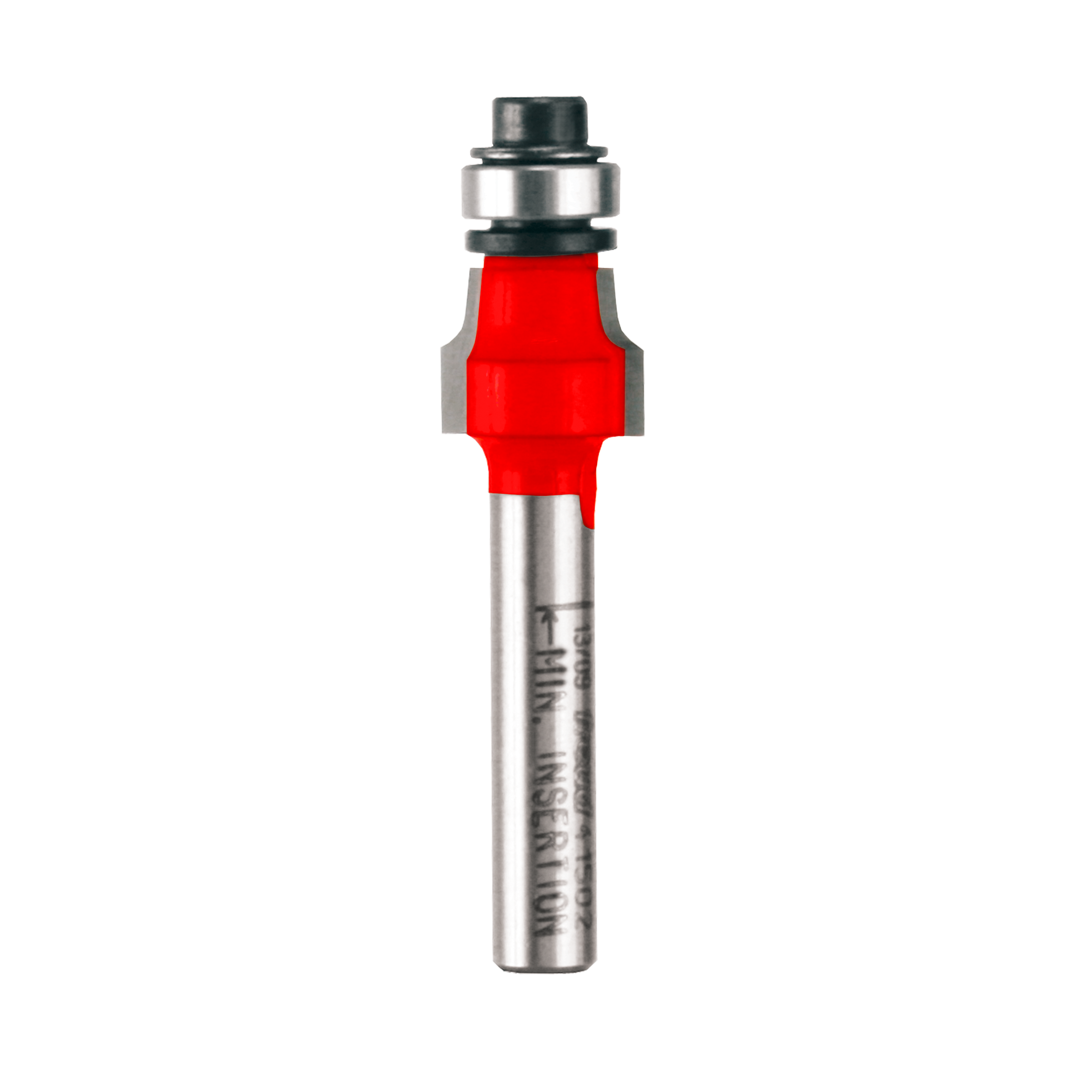 Router bit with red cutting head, silver shank, and metal bearing collar for laminate trimming.