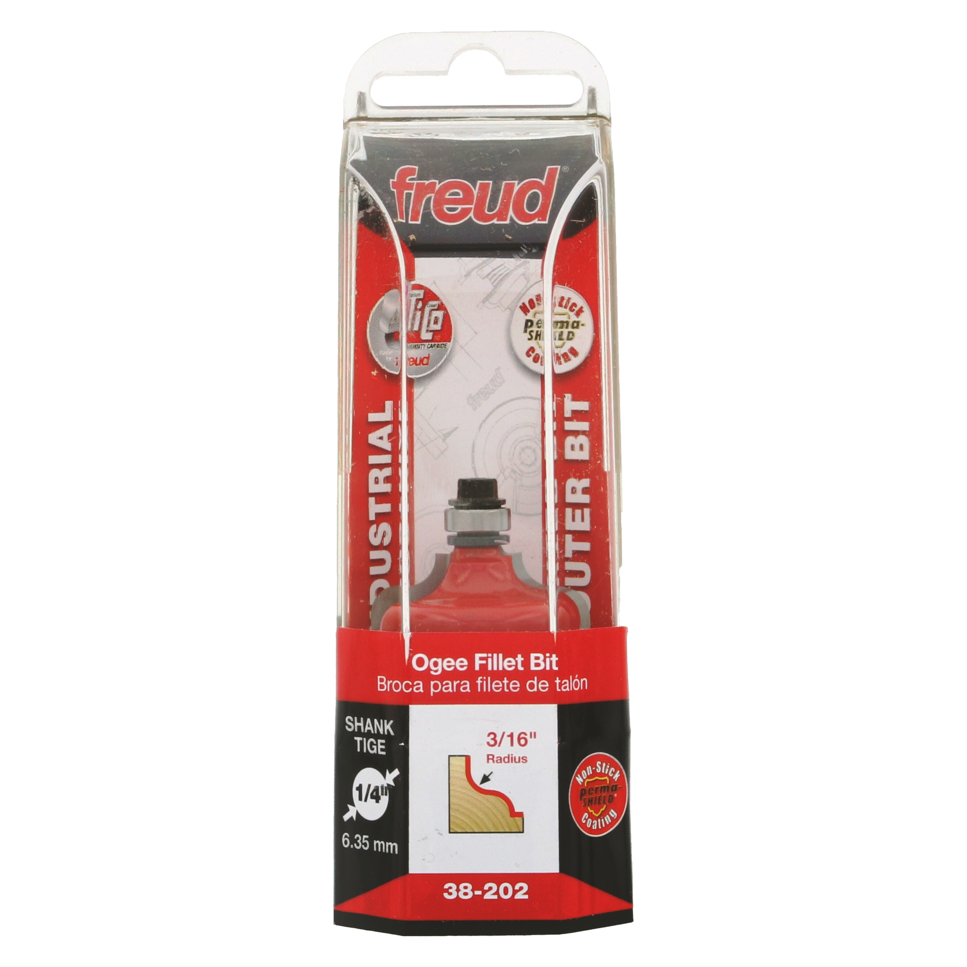 Freud 38-202 ogee fillet router bit with 1/4" shank in red and black packaging.