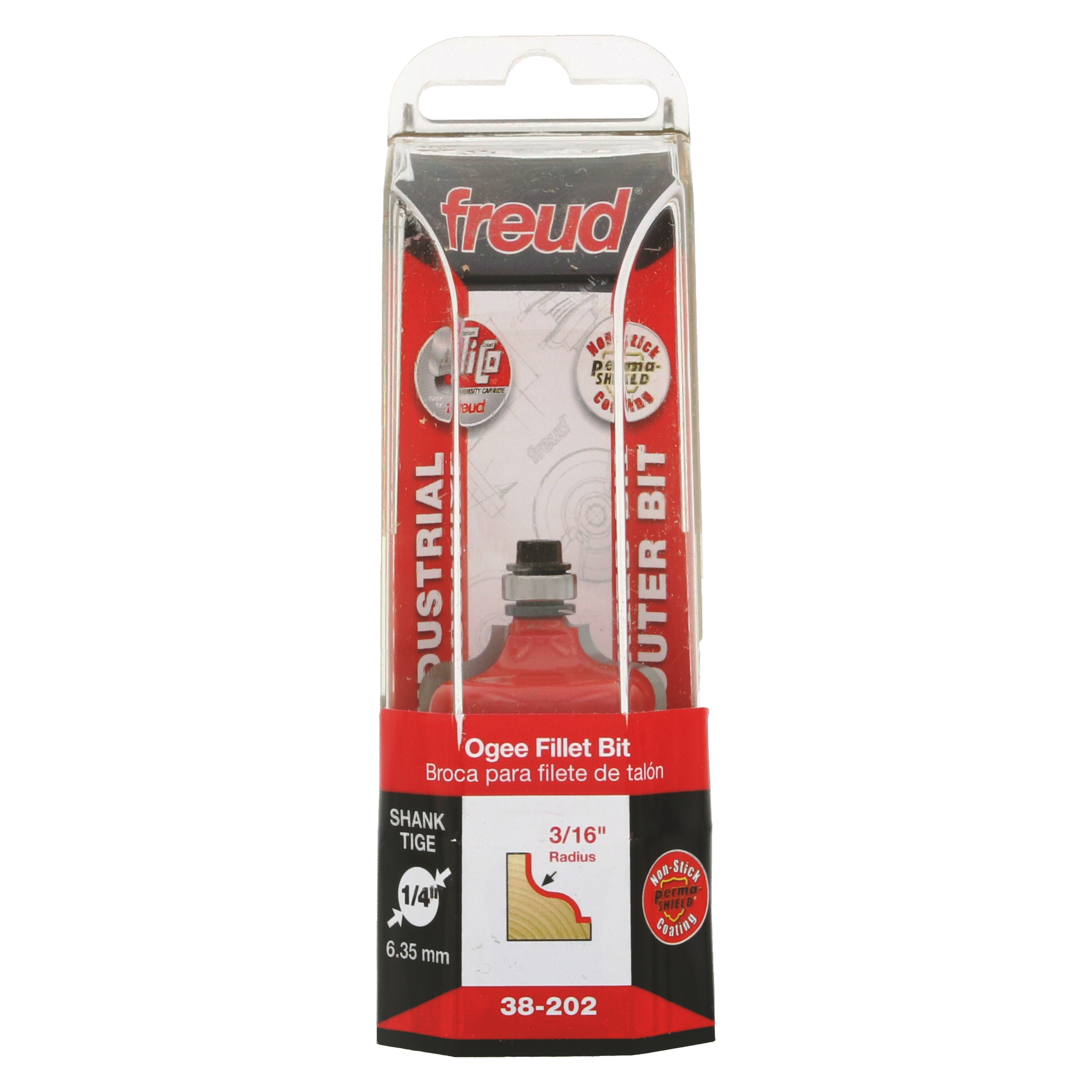Freud 38-202 ogee fillet router bit with 1/4" shank in red and black packaging.