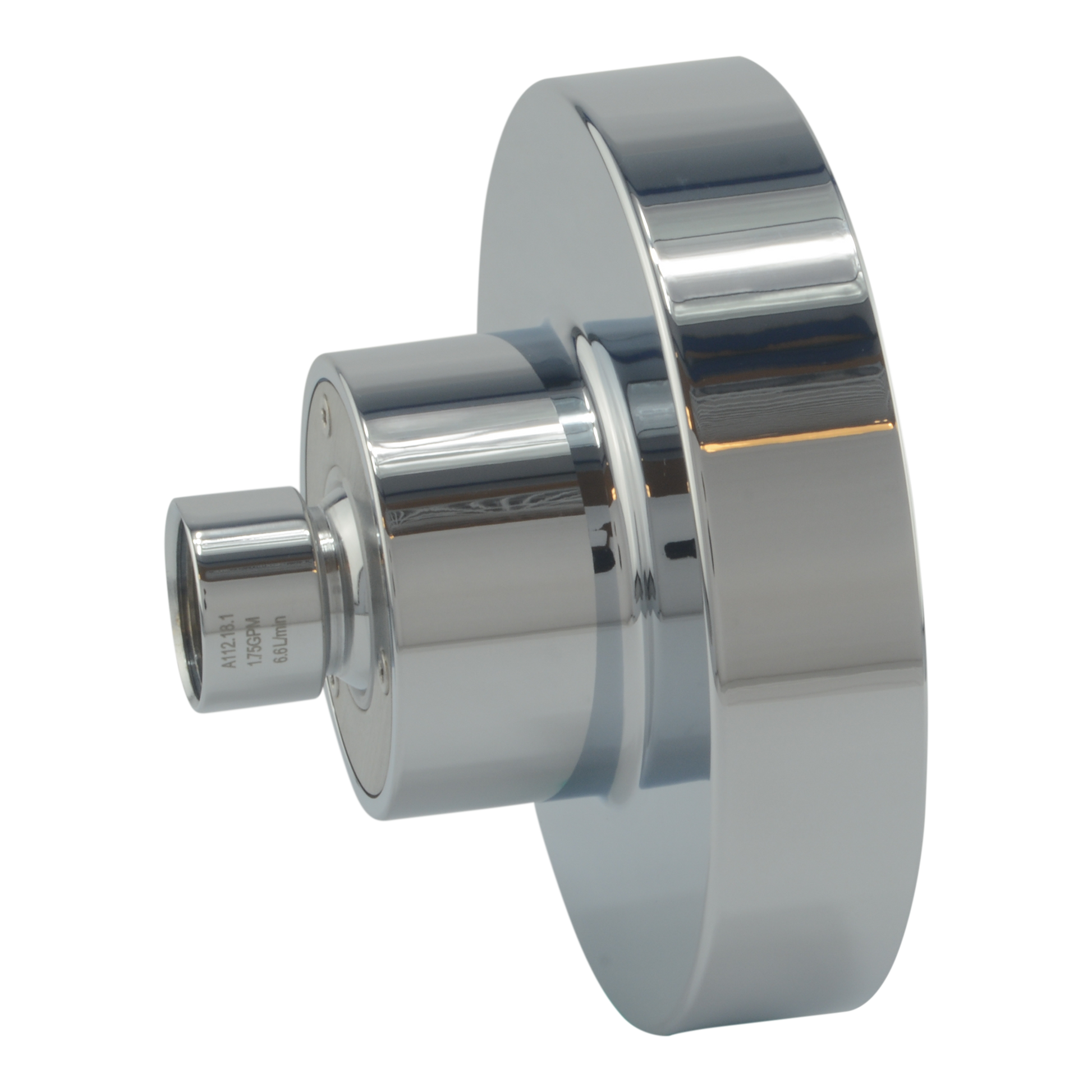 Polished chrome shower head with cylindrical spray outlet and round escutcheon plate.