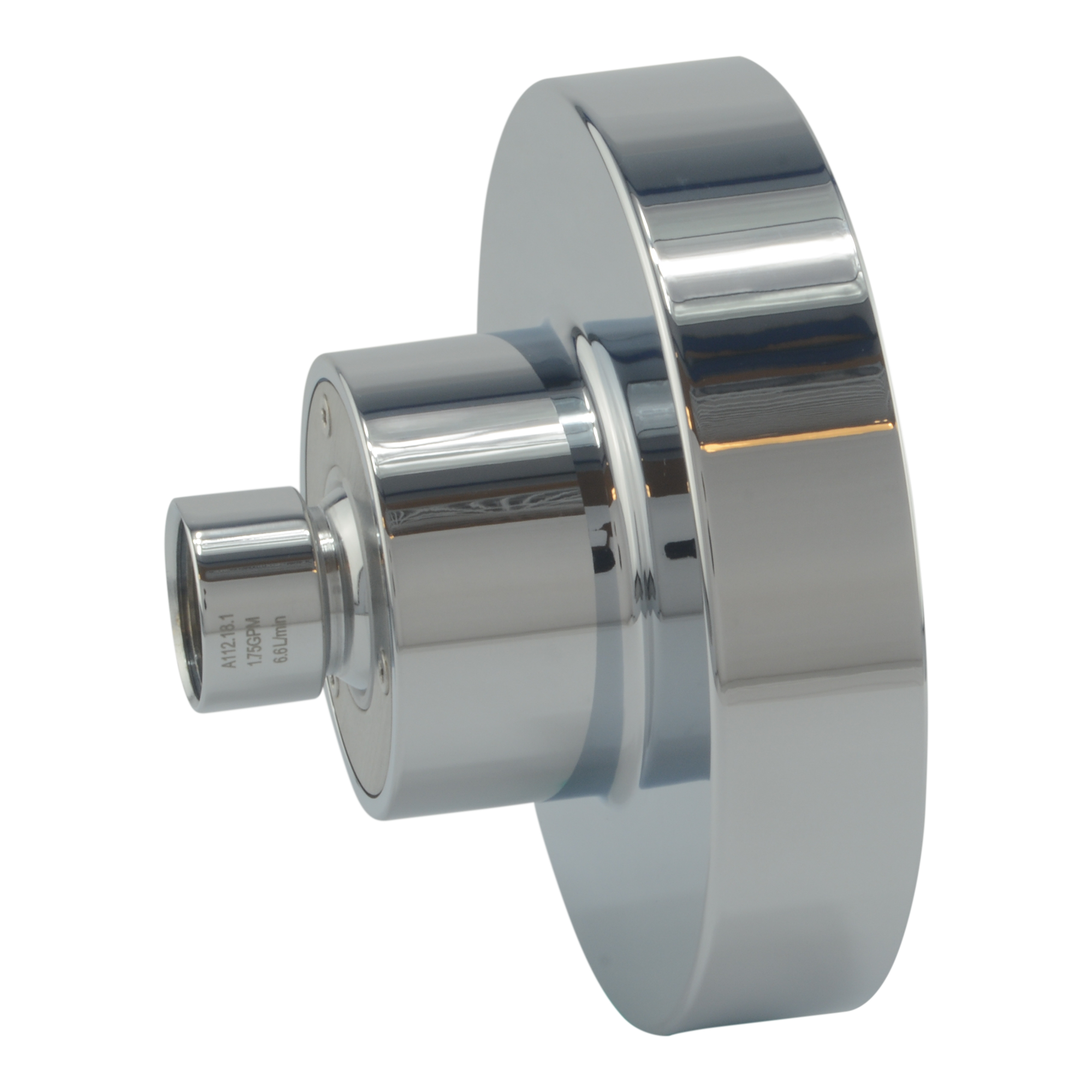 Polished chrome shower head with cylindrical spray outlet and round escutcheon plate.