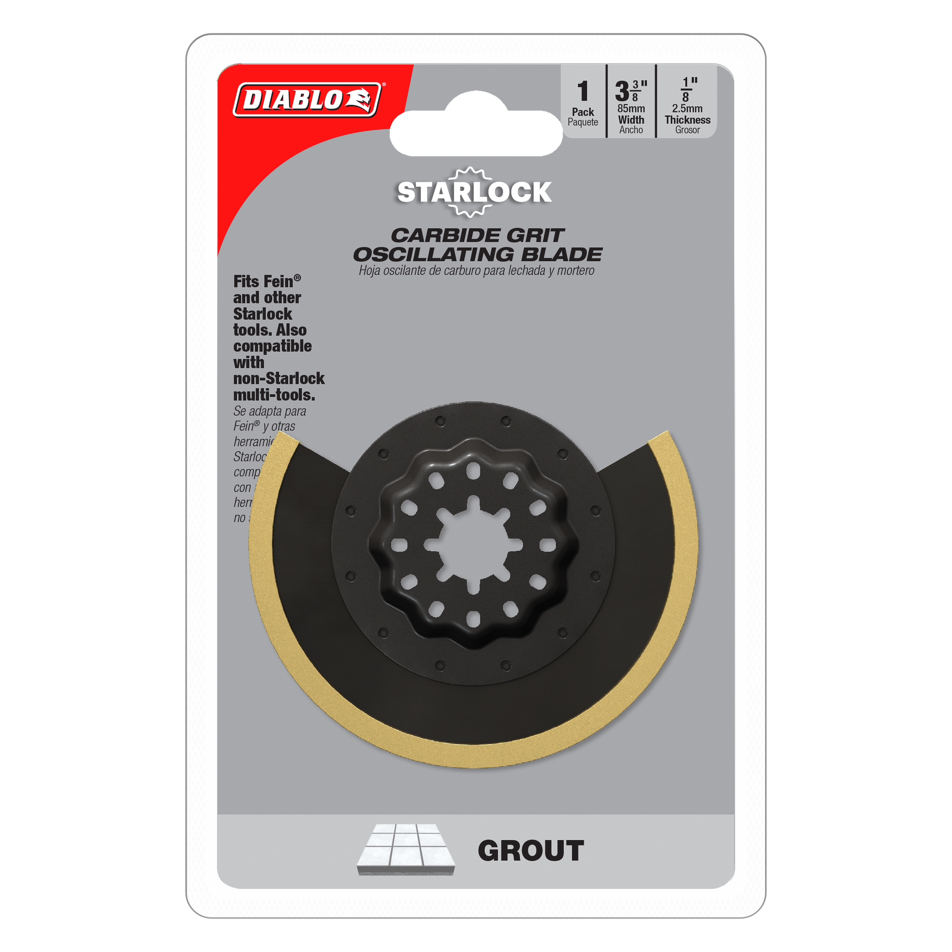 Diablo Starlock carbide grit oscillating blade with black curved cutting surface and tan edge on retail packaging.