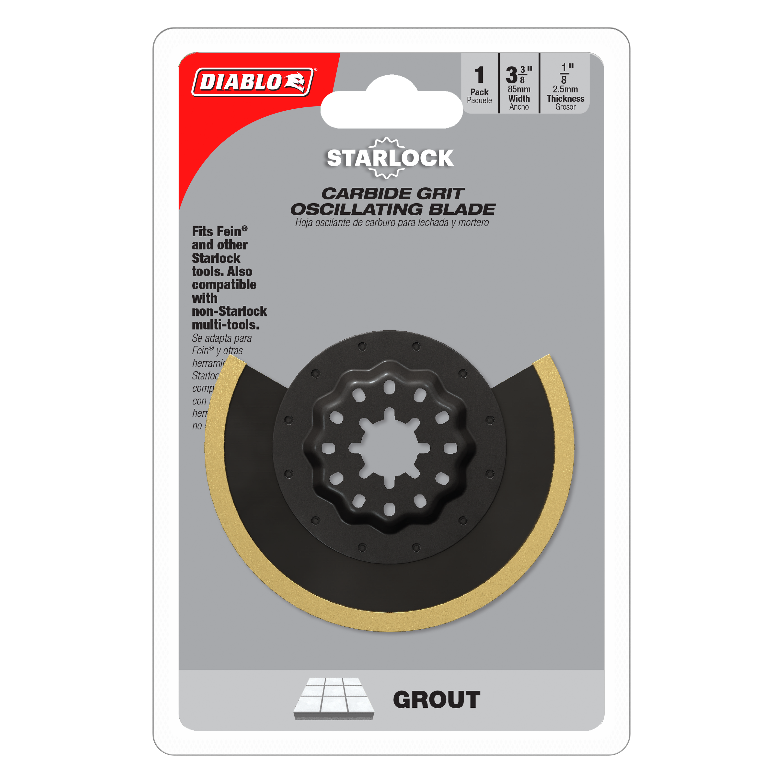 Diablo Starlock carbide grit oscillating blade with black curved cutting surface and tan edge on retail packaging.