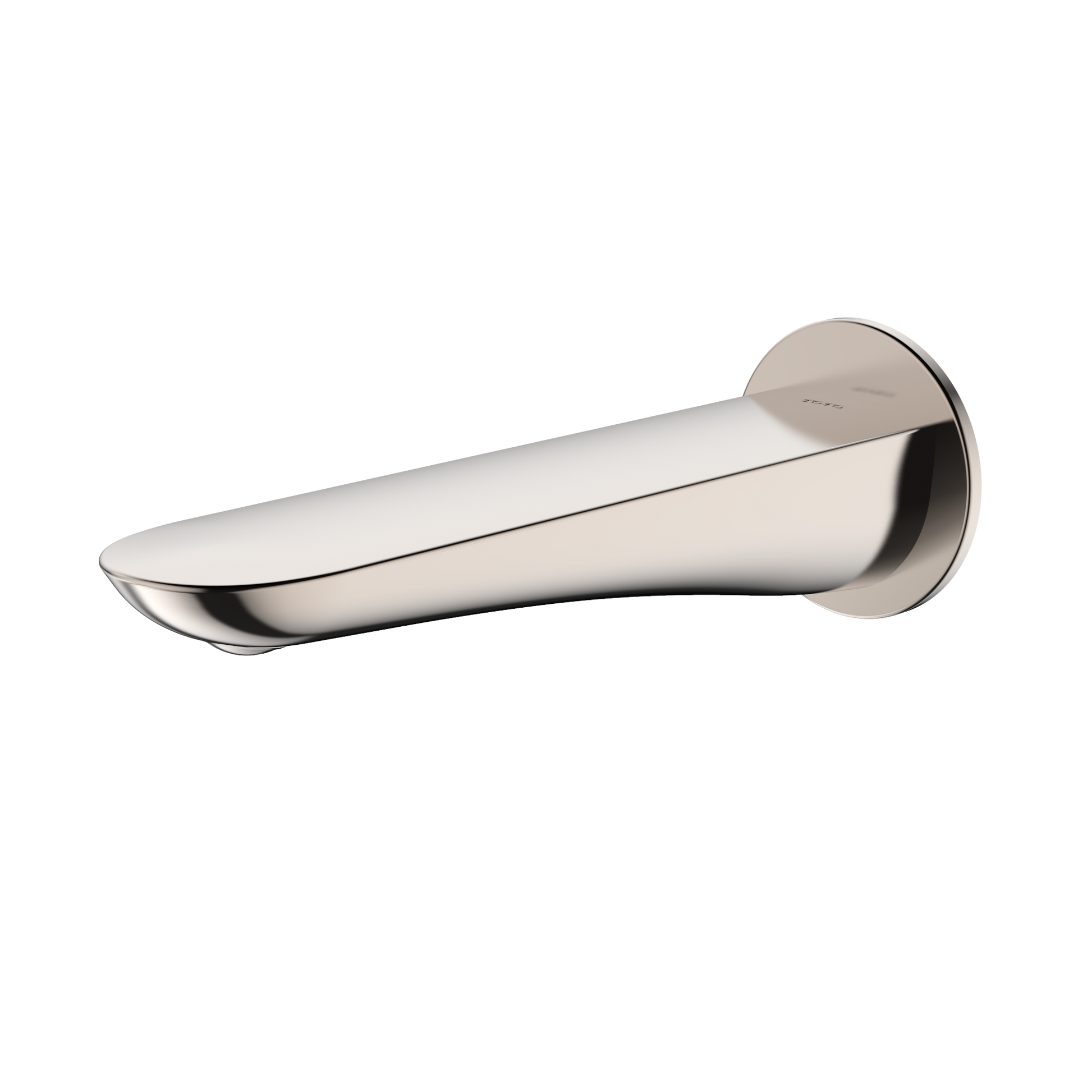 Polished nickel wall-mounted tub spout with curved modern design and circular flange.
