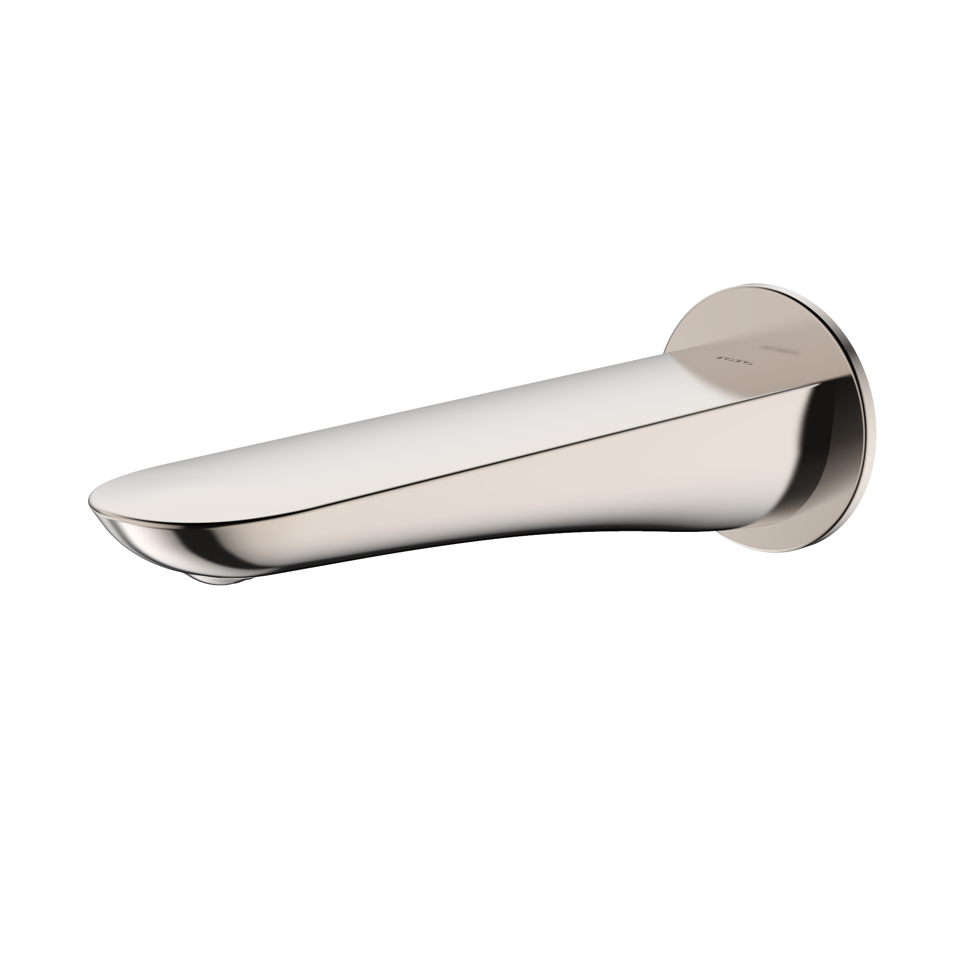 Polished nickel wall-mounted tub spout with curved modern design and circular flange.