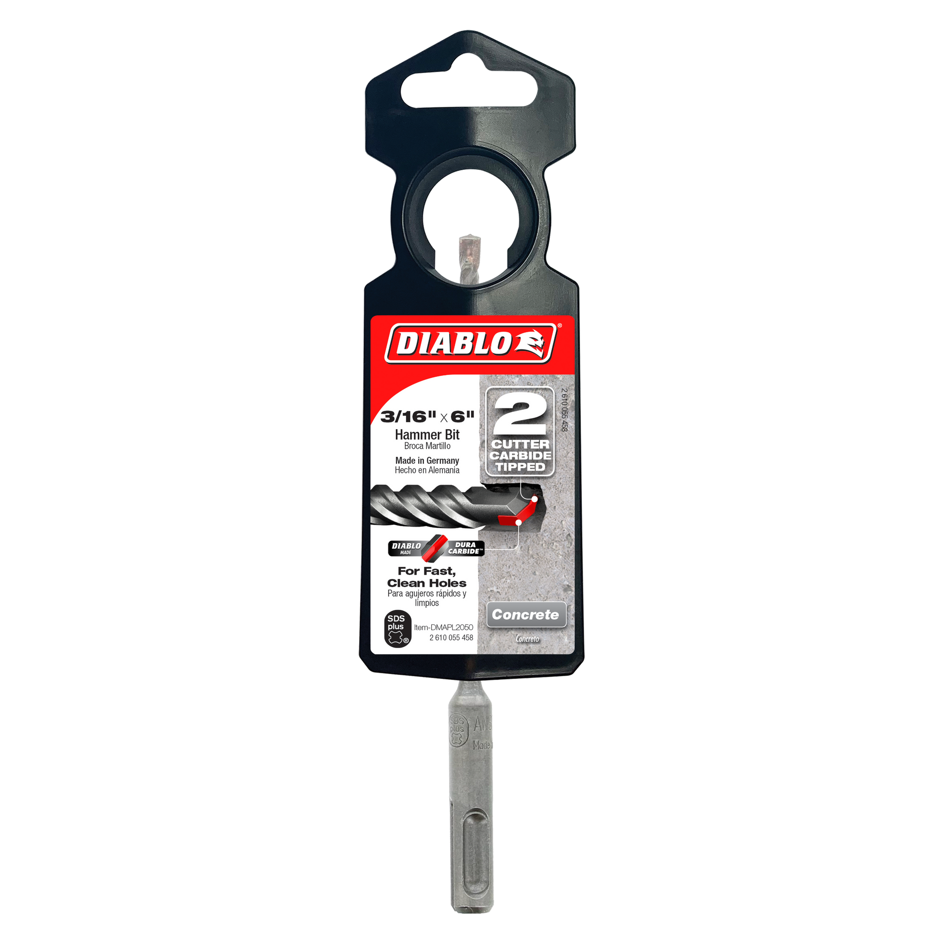 Diablo SDS-Plus hammer bit with 2 carbide cutters and black packaging card on white background.