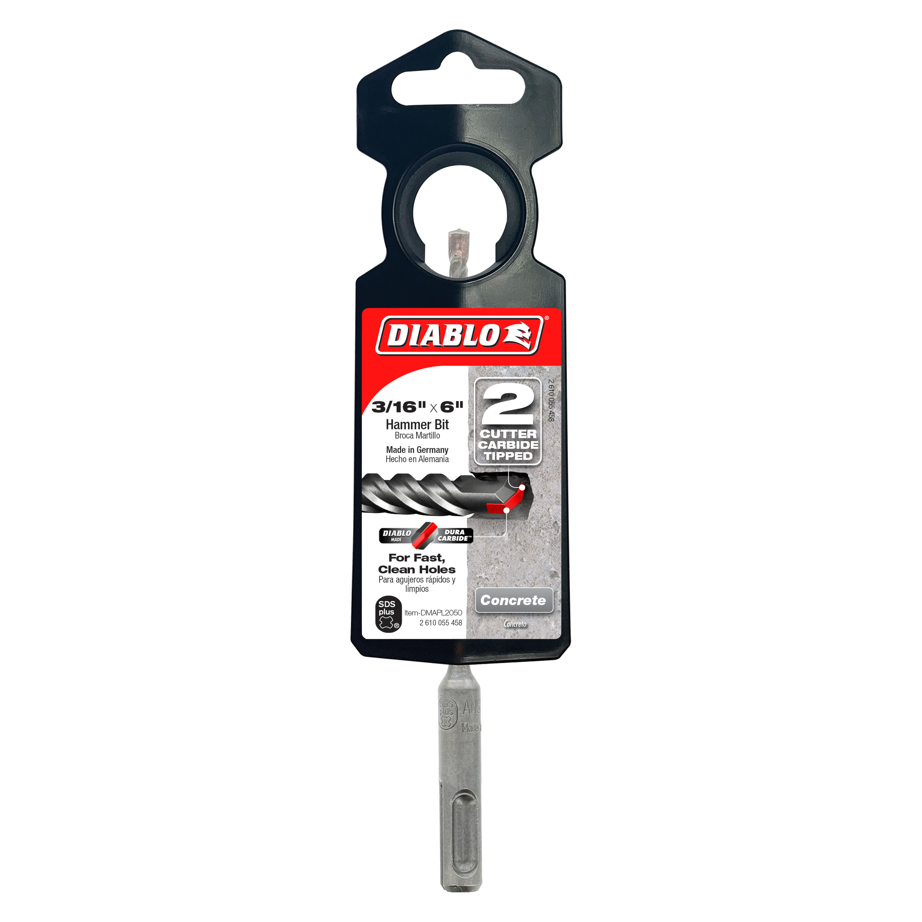Diablo SDS-Plus hammer bit with 2 carbide cutters and black packaging card on white background.