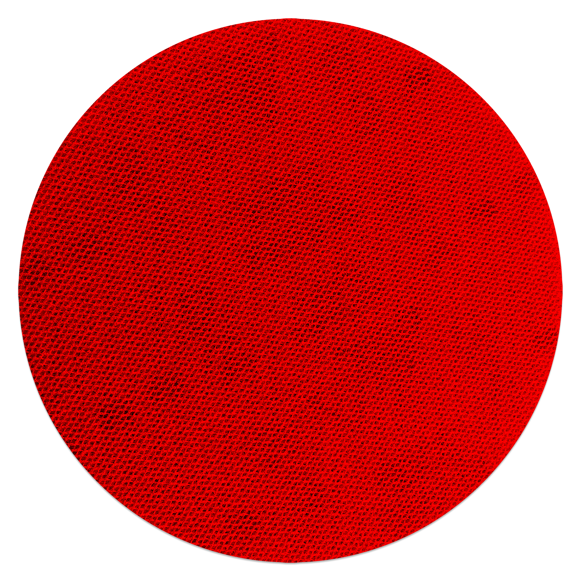 Red circular sanding disc with textured mesh surface, 5 inches diameter.