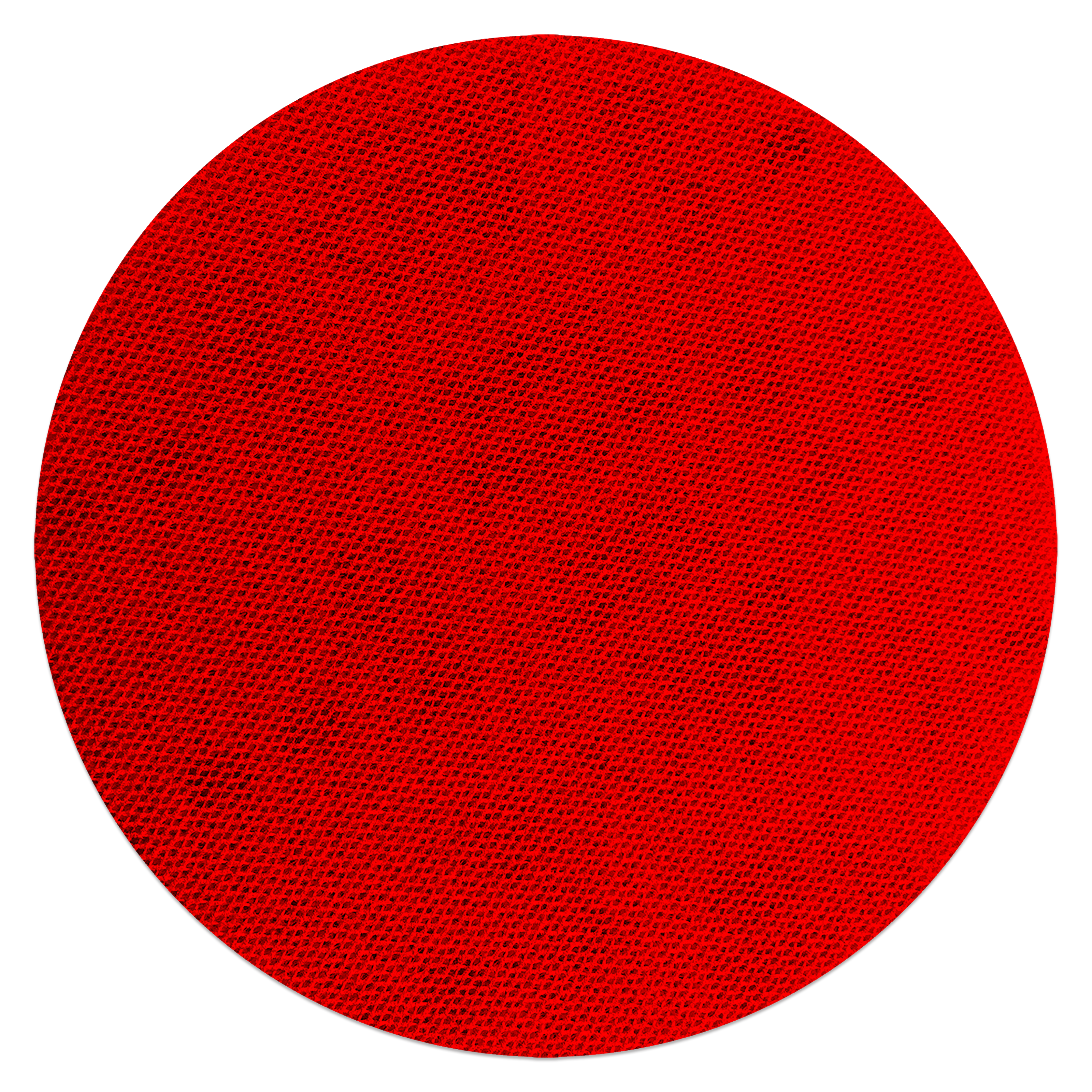 Red circular sanding disc with textured mesh surface, 5 inches diameter.