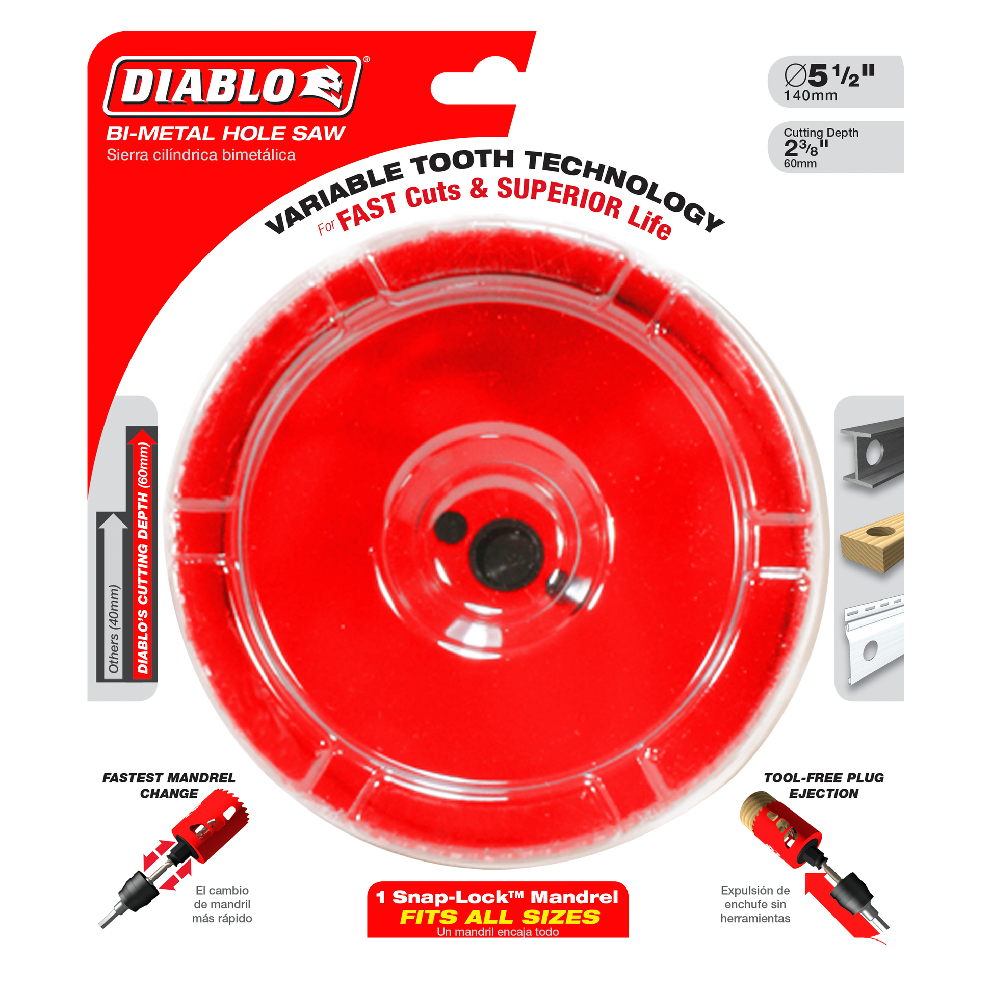 Red Diablo 5-1/2 inch bi-metal hole saw with variable tooth technology and Snap-Lock mandrel on packaging.