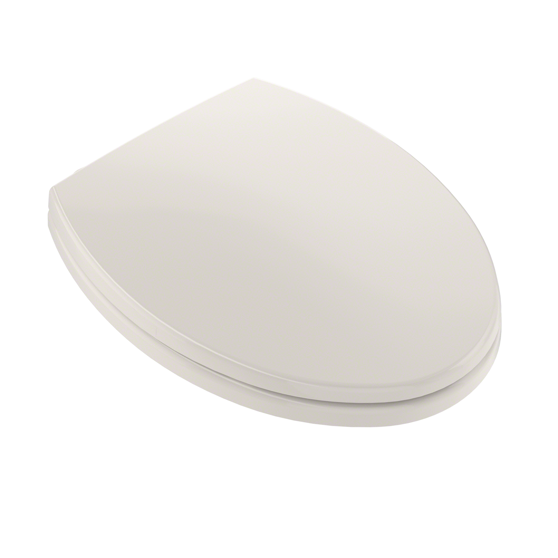 Elongated beige toilet seat and lid with curved design shown at an angle.