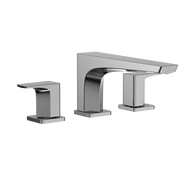 Polished chrome two-handle deck-mount roman tub filler with curved spout and square handles.