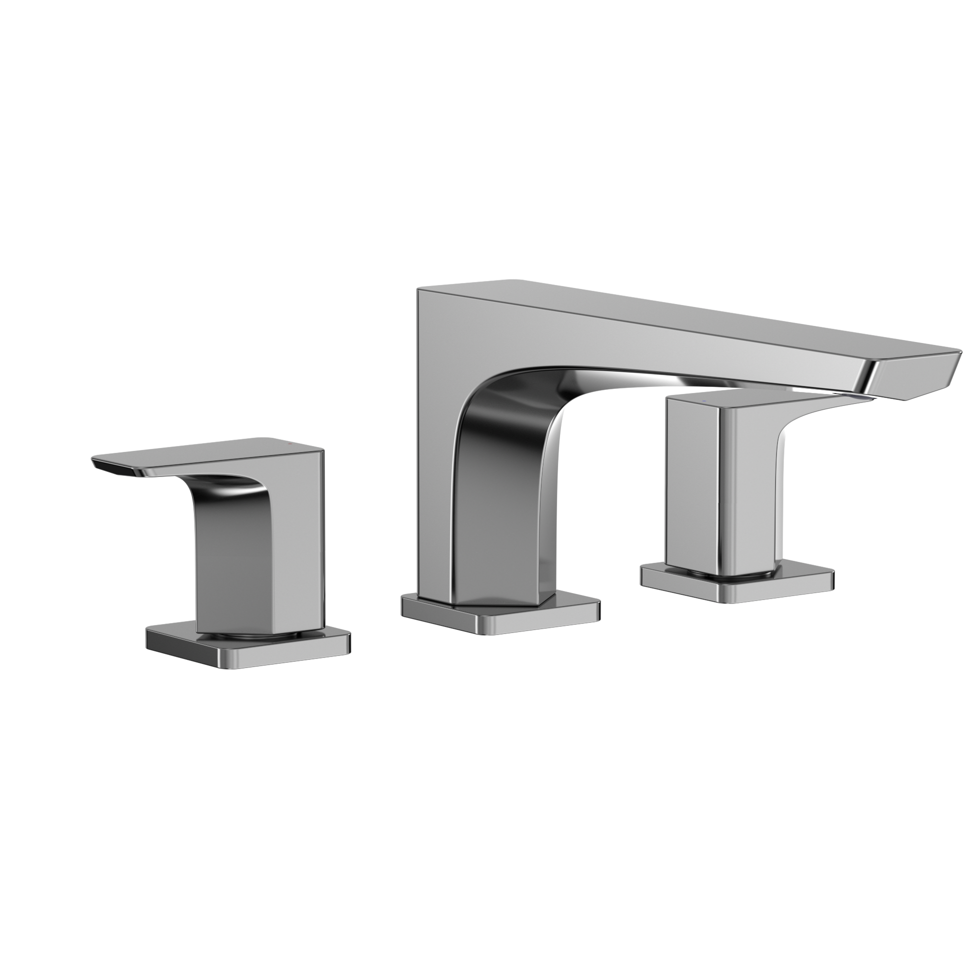 Polished chrome two-handle deck-mount roman tub filler with curved spout and square handles.