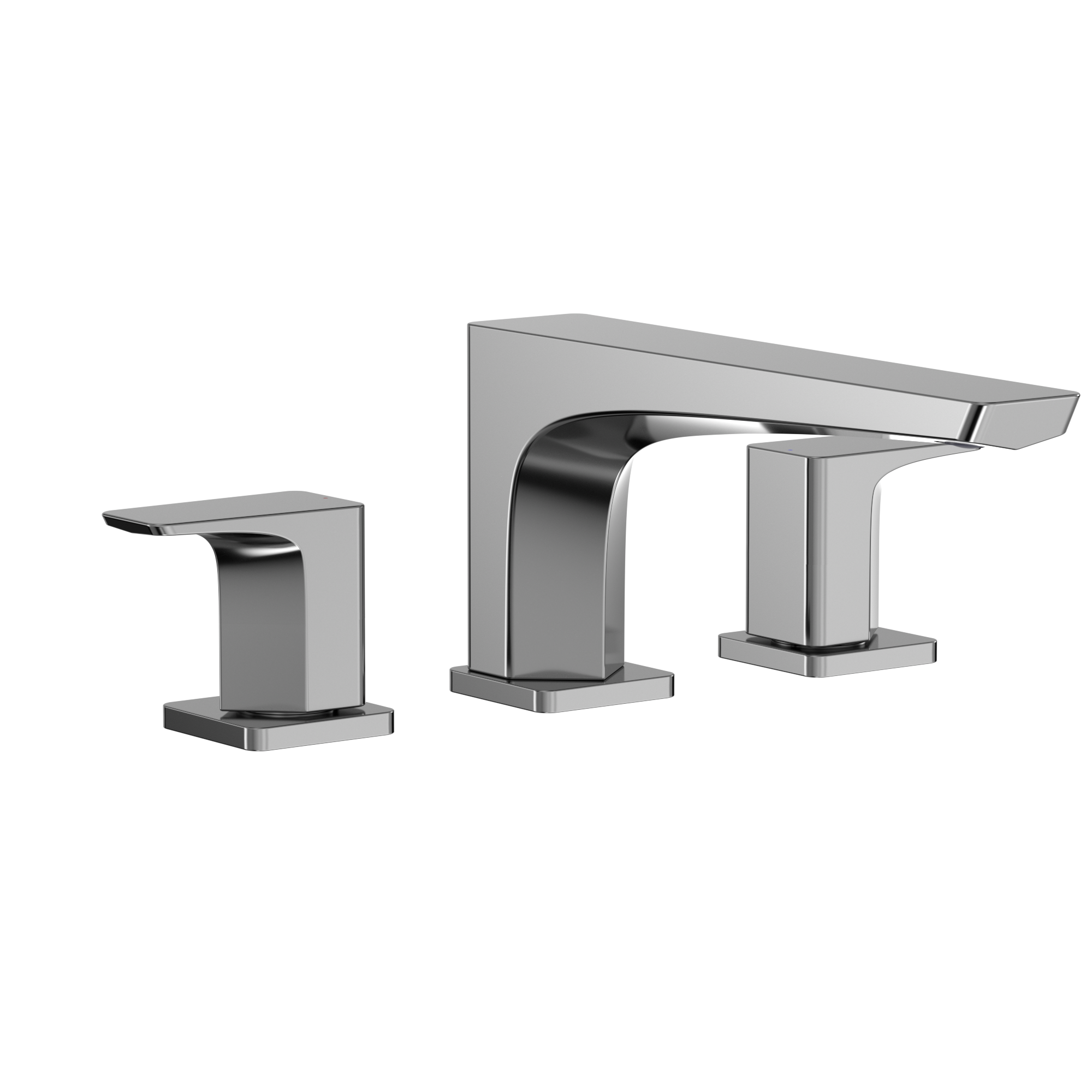 Polished chrome two-handle deck-mount roman tub filler with curved spout and square handles.