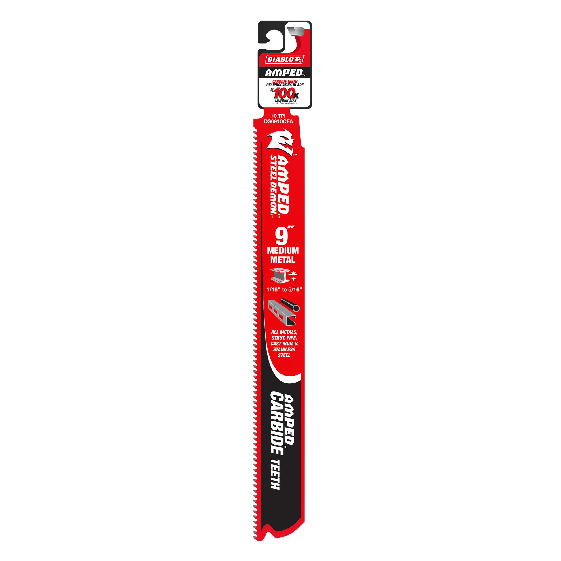 Diablo 9-inch reciprocating saw blade with fine teeth and carbide coating on red and black packaging.