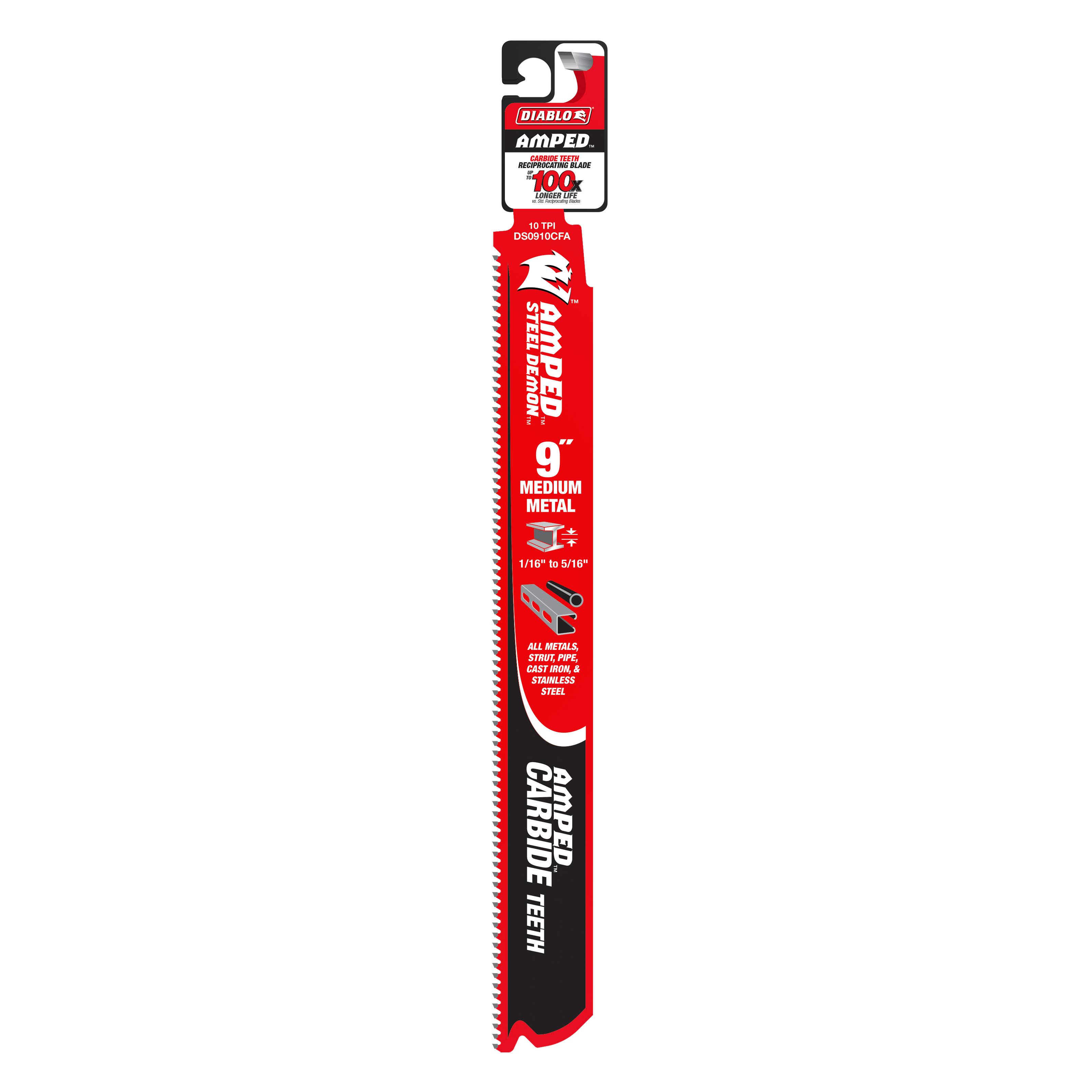 Diablo 9-inch reciprocating saw blade with fine teeth and carbide coating on red and black packaging.