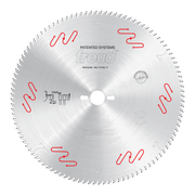 Circular saw blade with silver finish, red tooth markings around edge, center hole, and Freud branding with technical specifi