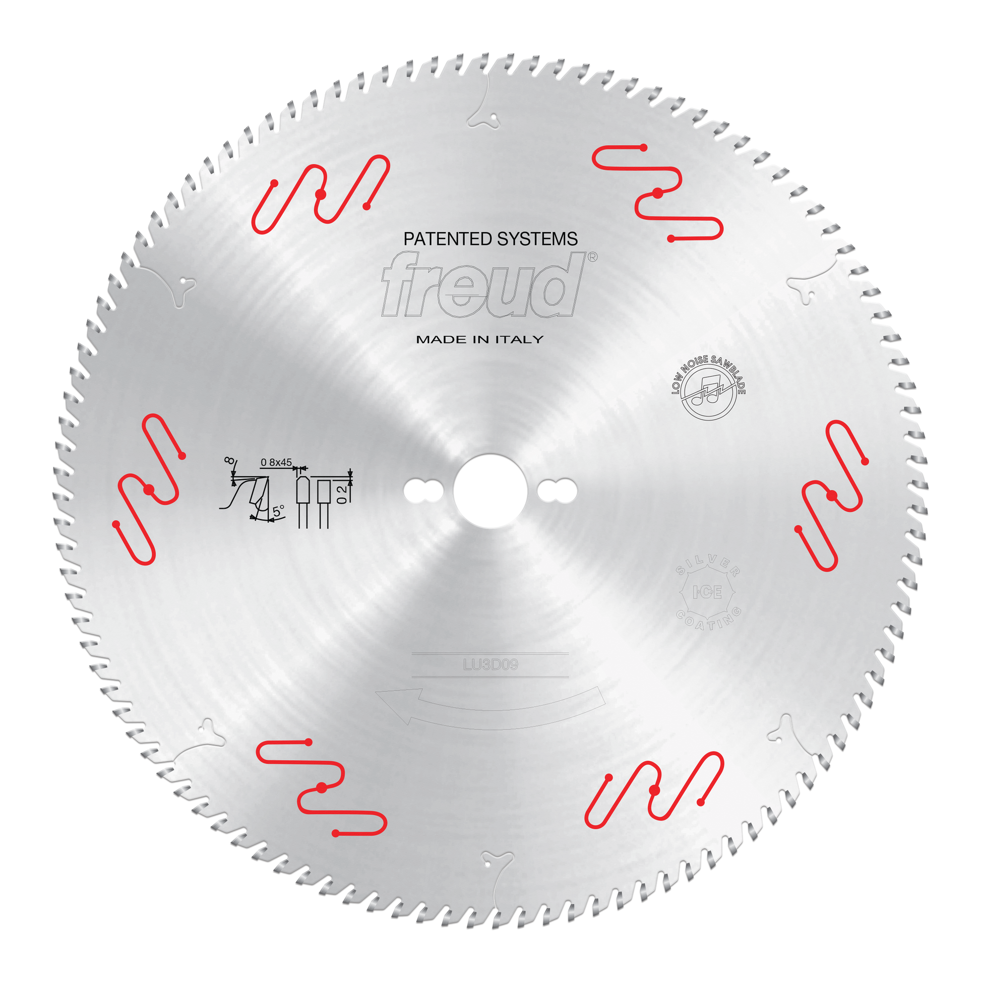 Circular saw blade with silver finish, red tooth markings around edge, center hole, and Freud branding with technical specifi