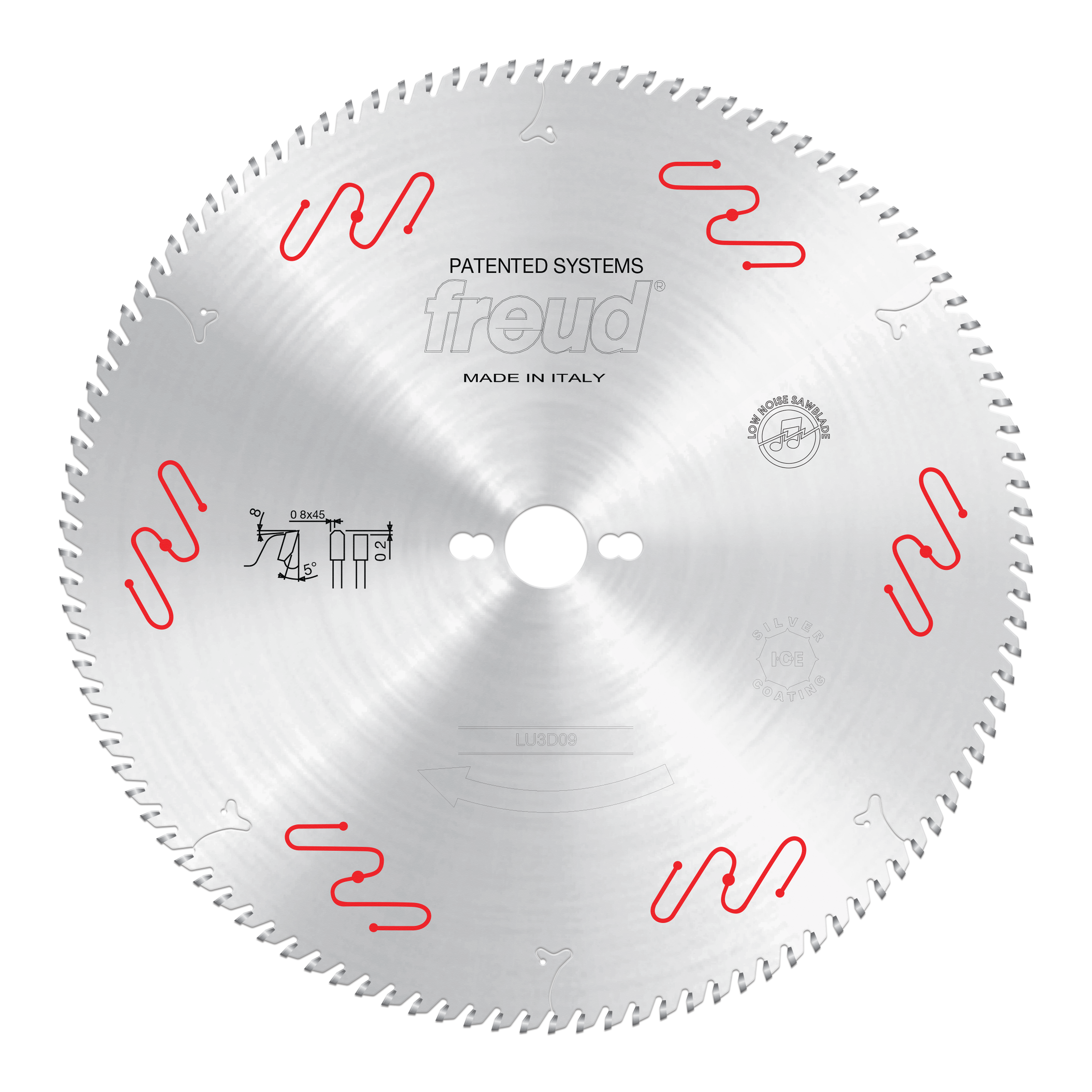 Circular saw blade with silver finish, red tooth markings around edge, center hole, and Freud branding with technical specifi