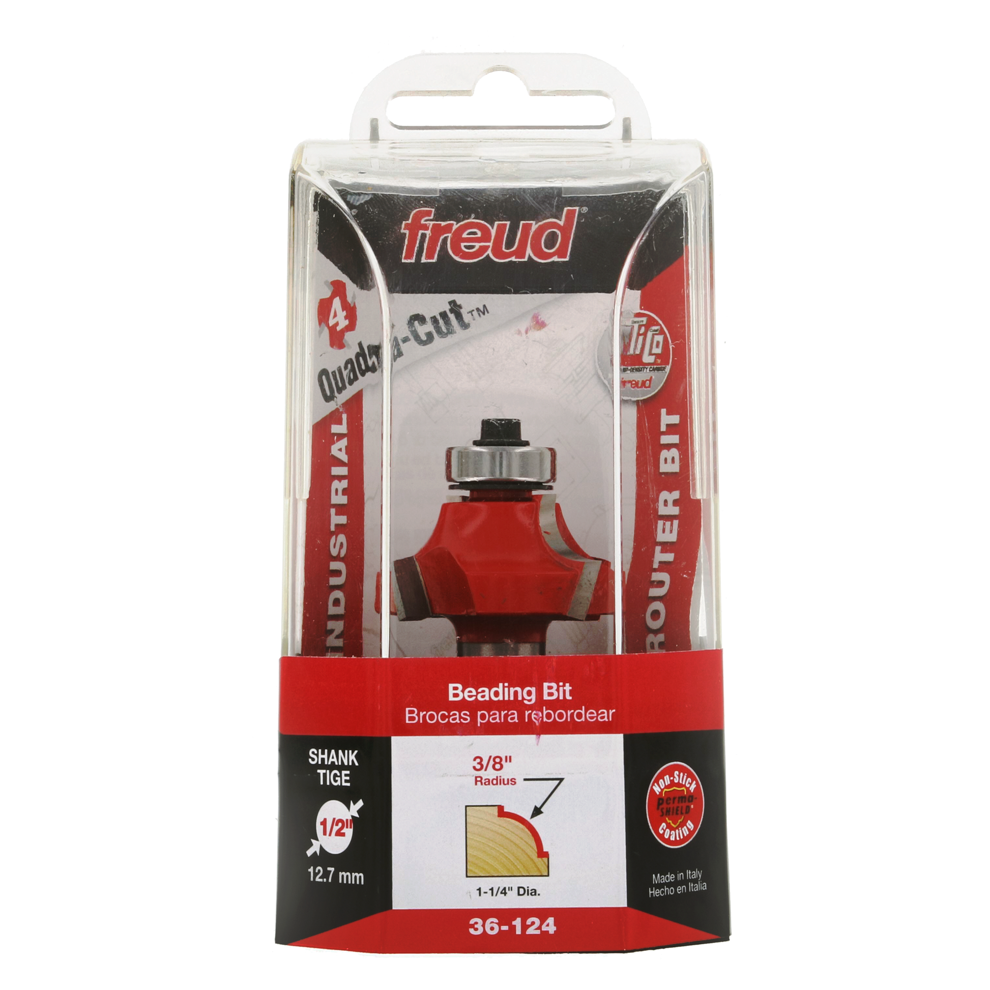 Freud 36-124 beading router bit with 3/8" radius and red cutting head in clear plastic packaging.