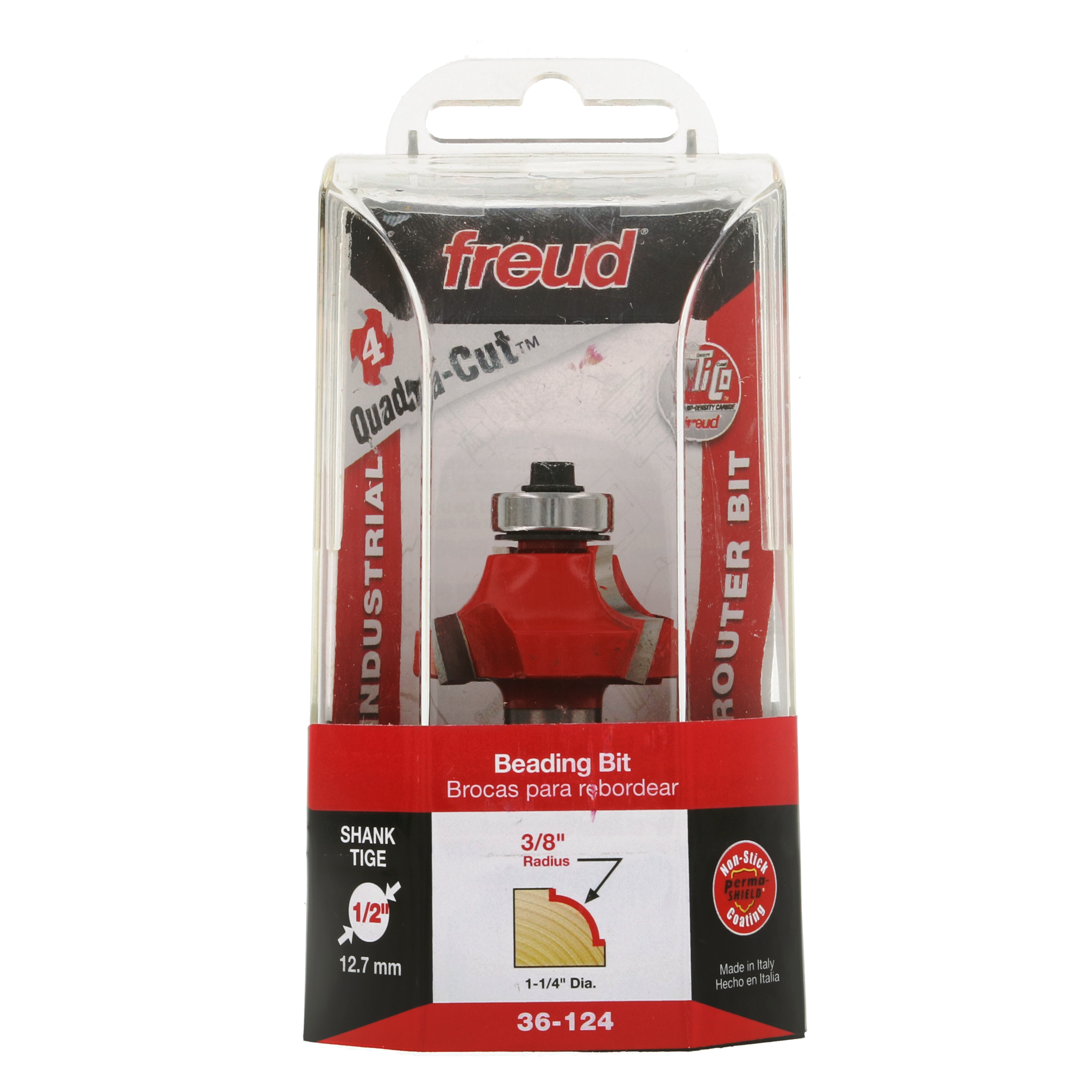 Freud 36-124 beading router bit with 3/8" radius and red cutting head in clear plastic packaging.