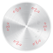Silver circular saw blade with red mechanical clamping symbols and fine teeth around the perimeter.
