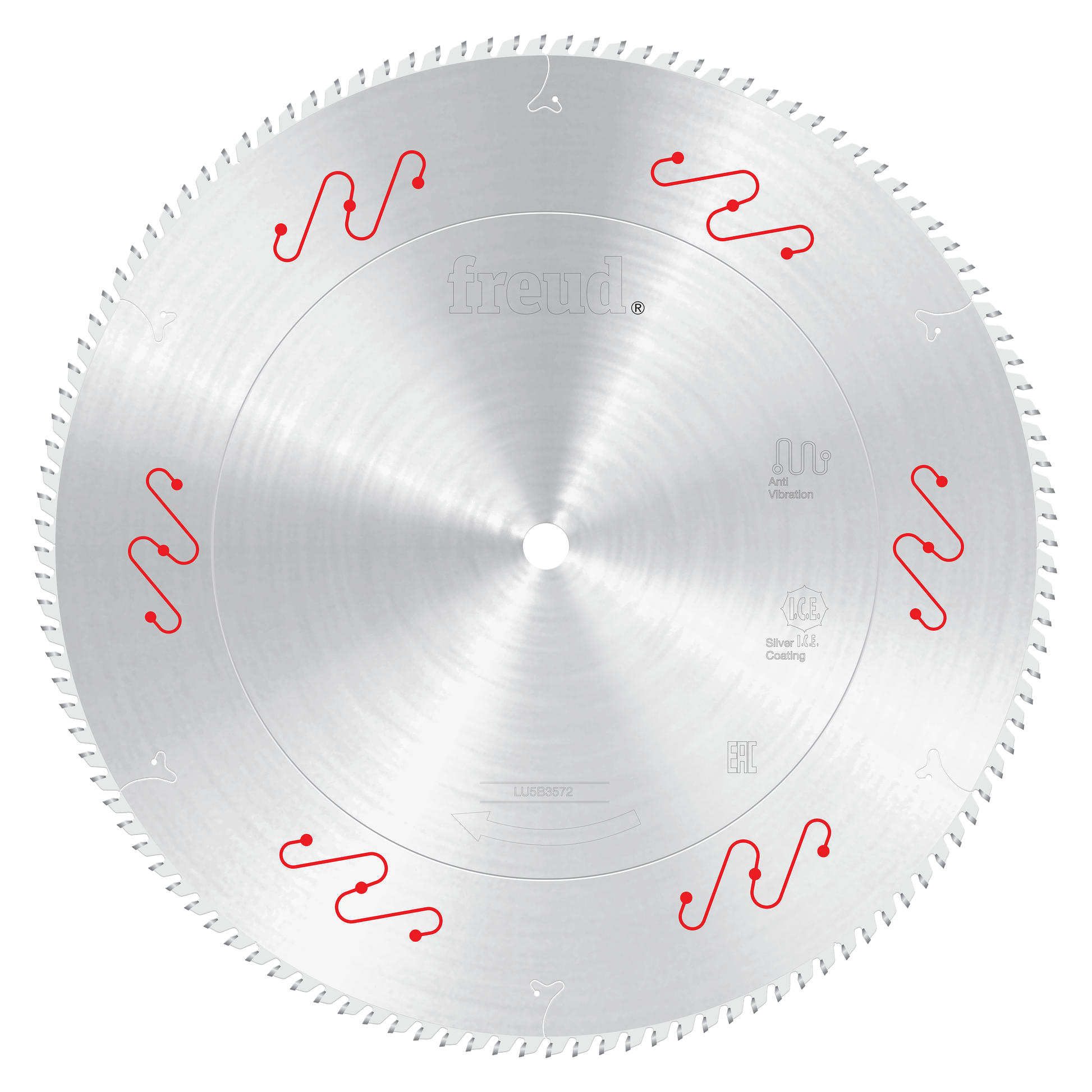 Silver circular saw blade with red mechanical clamping symbols and fine teeth around the perimeter.