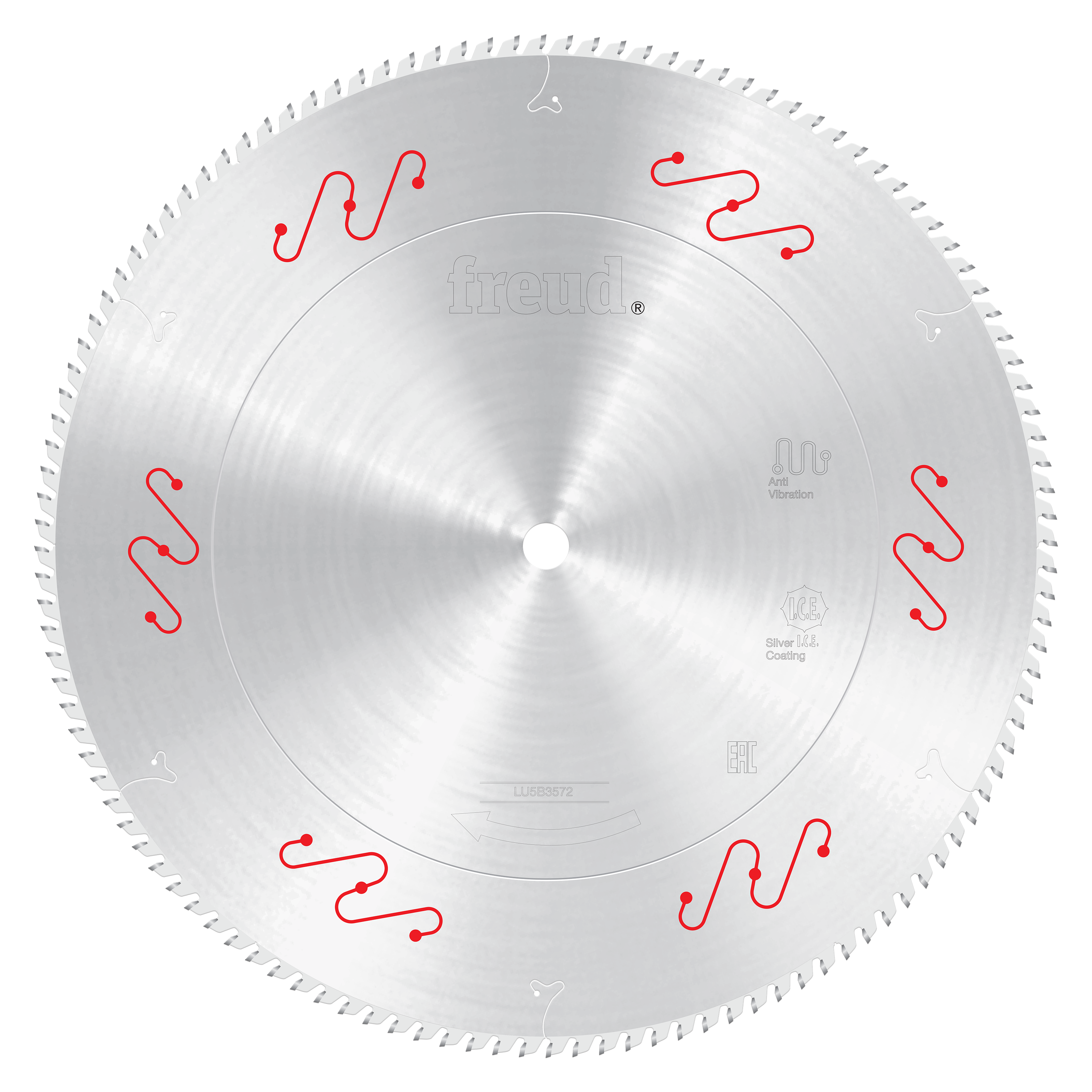 Silver circular saw blade with red mechanical clamping symbols and fine teeth around the perimeter.