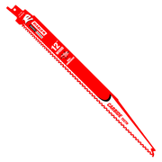 Red 12-inch reciprocating saw blade with serrated carbide teeth and mounting slot at top.
