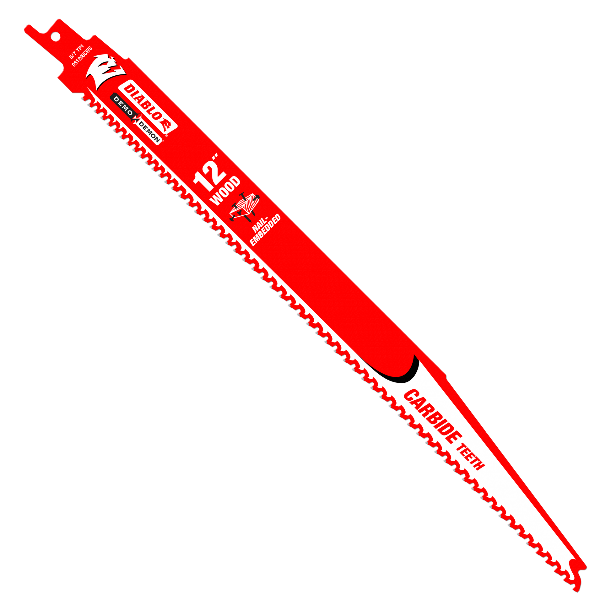 Red 12-inch reciprocating saw blade with carbide teeth and mounting tang for wood cutting.