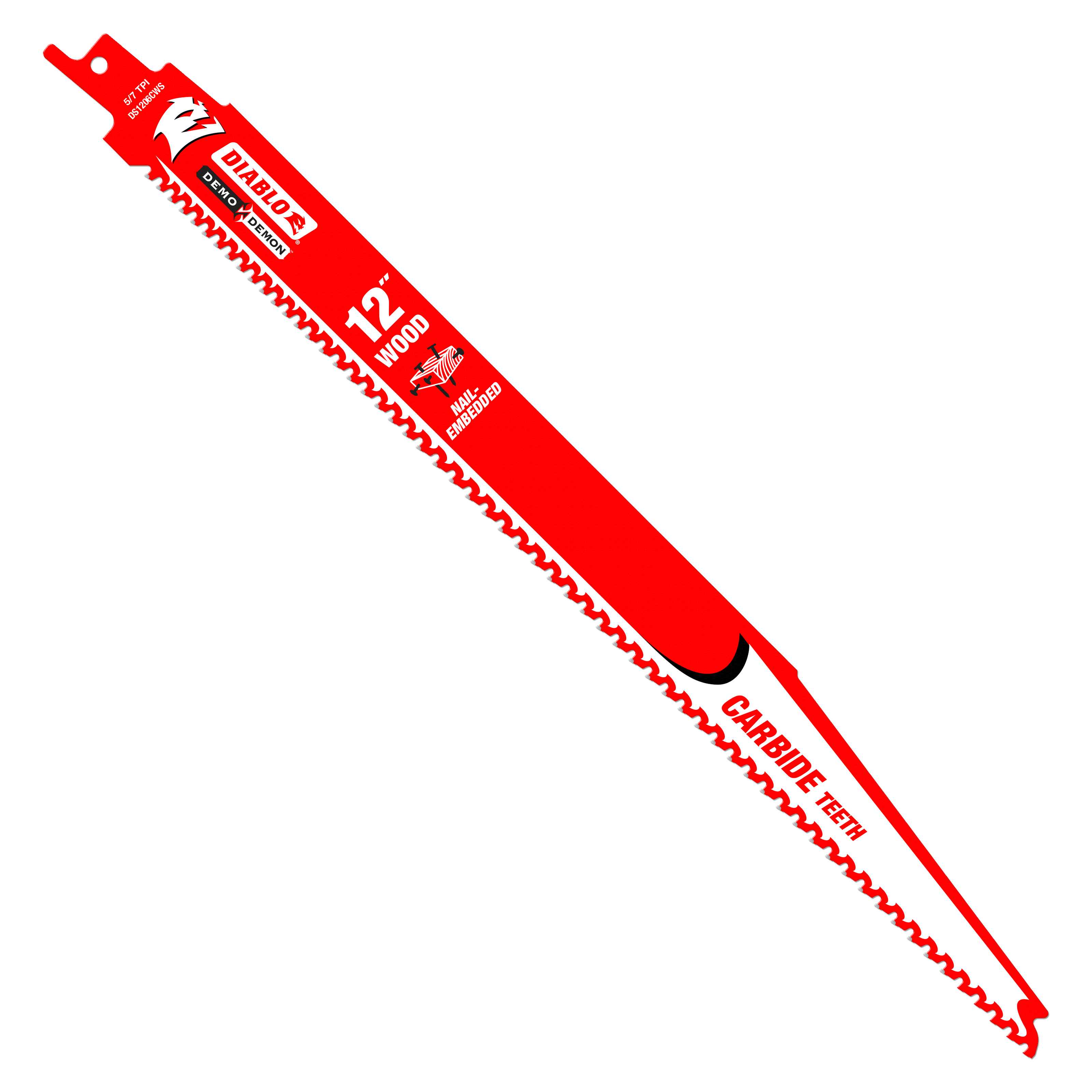 Red Diablo 12-inch carbide reciprocating saw blade with serrated cutting edge and mounting tang for nail-embedded wood.