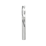 Silver spiral router bit with single flute and downward cutting design on white background.