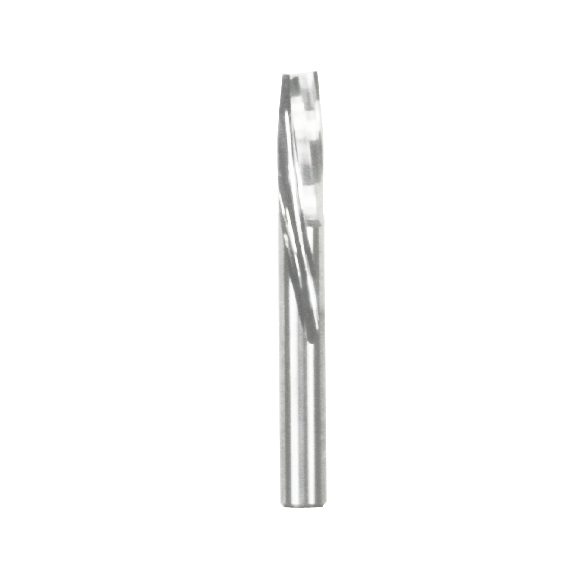 Silver spiral router bit with single flute and downward cutting design on white background.