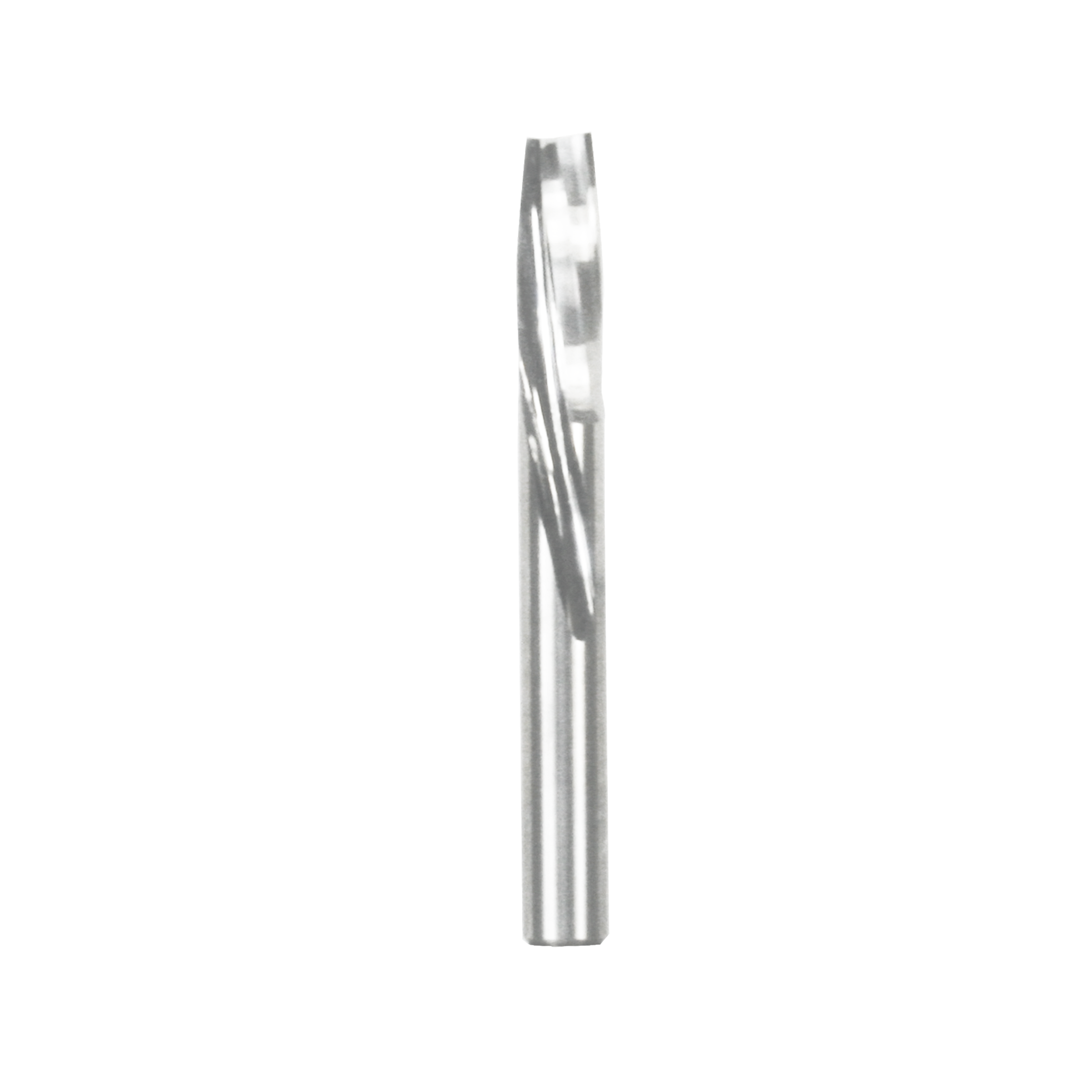 Silver spiral router bit with single flute and downward cutting design on white background.