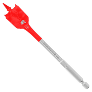 Red and gray spade bit with flat blade head and hexagonal shank for drilling.