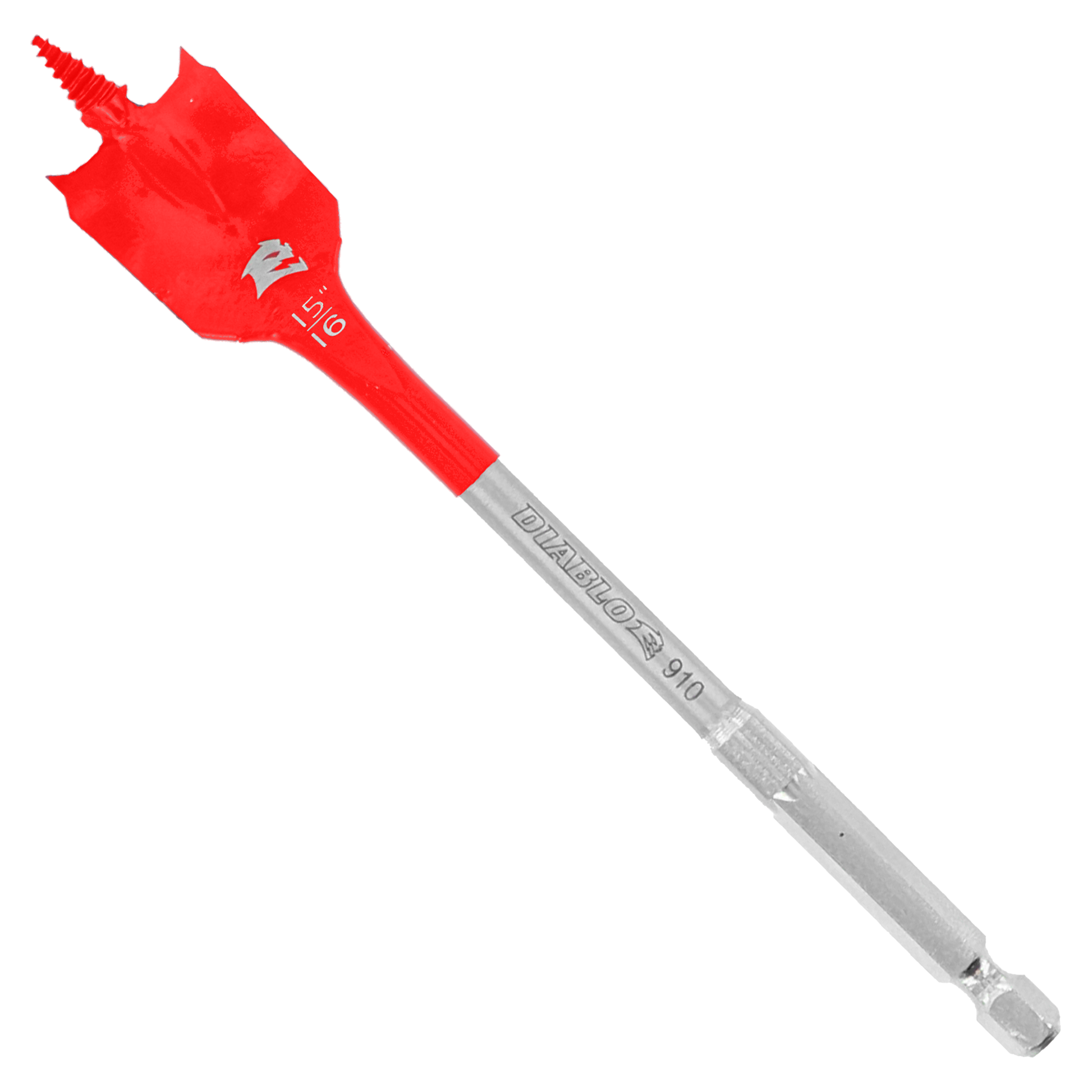 Red and gray spade bit with flat blade head and hexagonal shank for drilling.
