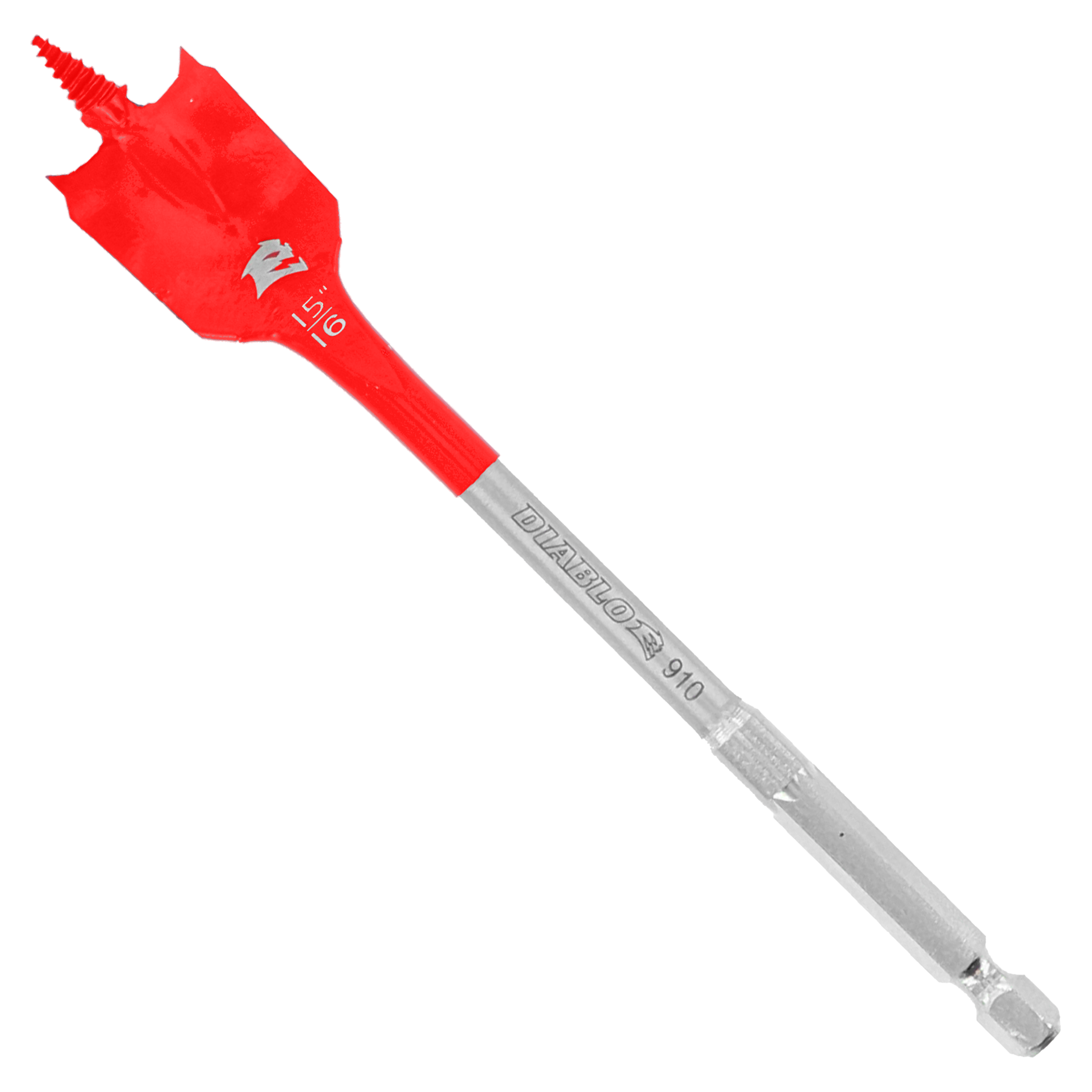 Red and gray spade bit with flat blade head and hexagonal shank for drilling.