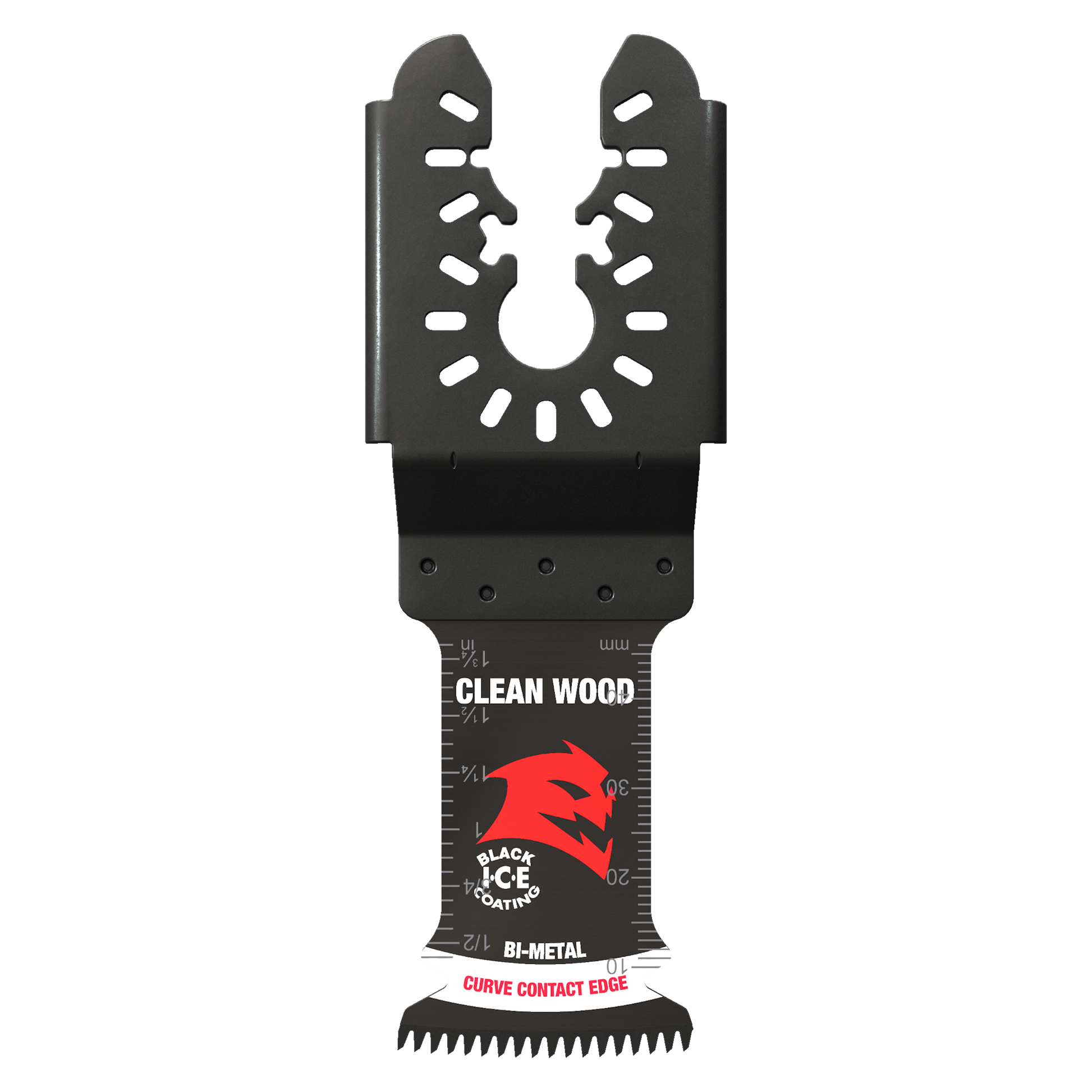 Black bi-metal oscillating blade with serrated cutting edge and universal fit mounting head for woodworking.
