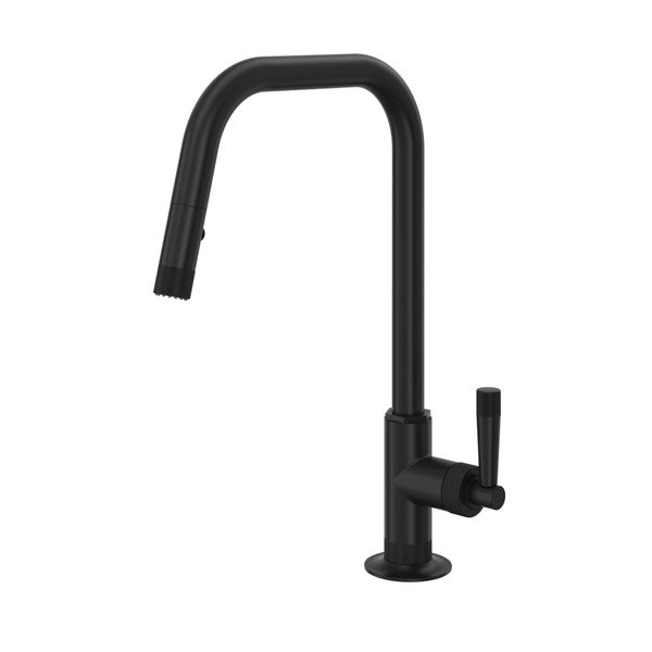 Matte black pull-down kitchen faucet with U-shaped spout and single lever handle.