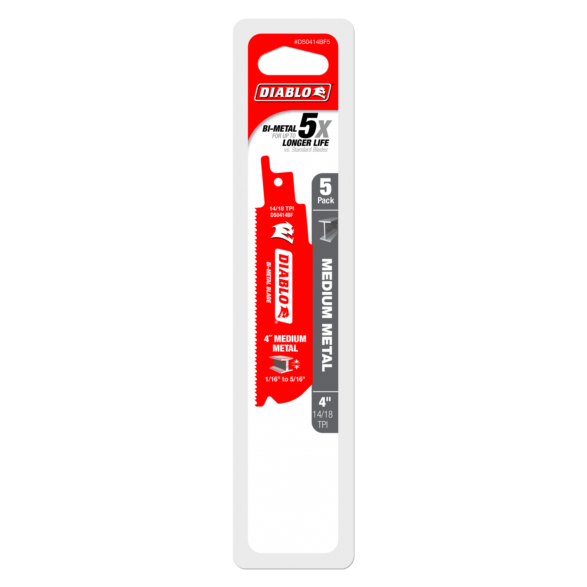 Five Diablo bi-metal reciprocating saw blades in 4-inch length with red coating and serrated cutting edge for medium metal.
