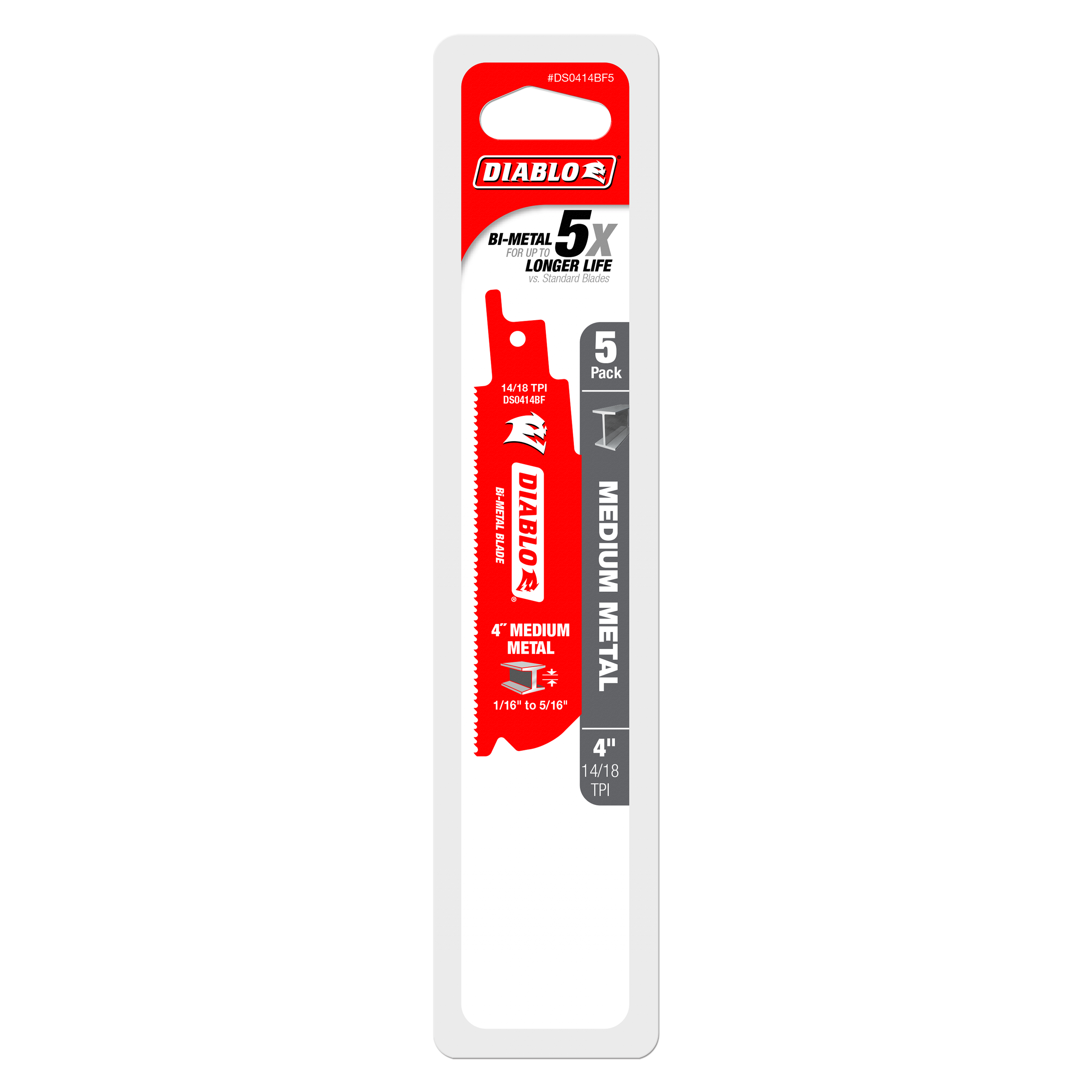 Five Diablo bi-metal reciprocating saw blades in 4-inch length with red coating and serrated cutting edge for medium metal.
