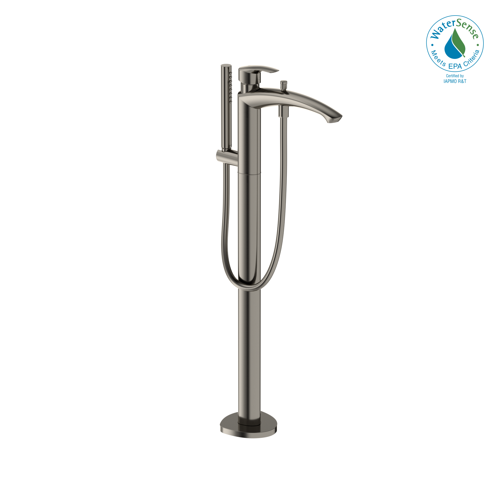 Polished nickel free-standing tub filler with curved spout, single handle, and detachable handshower on hose.